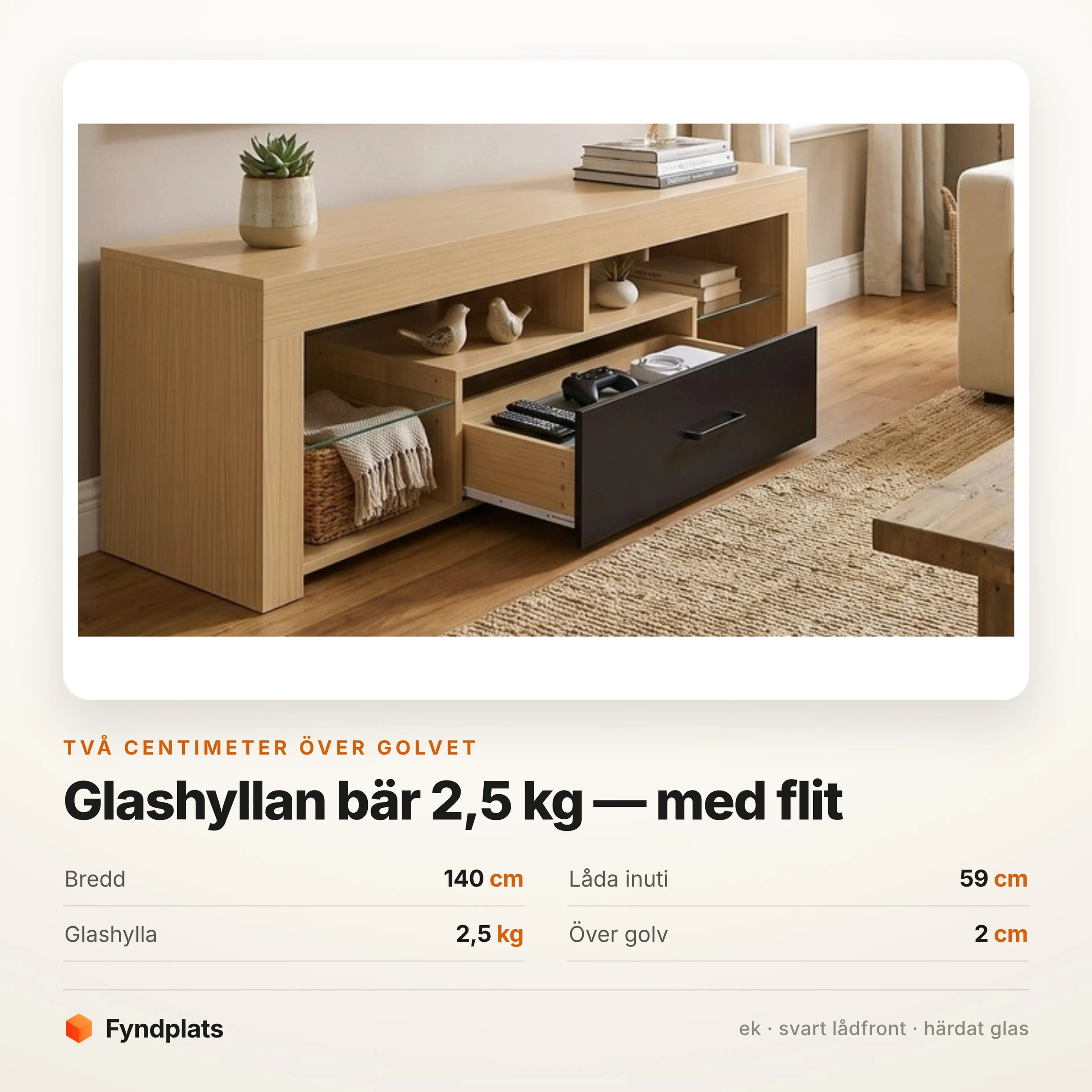 TV-bänk i ek med glashylla, 140 cm – bild 3