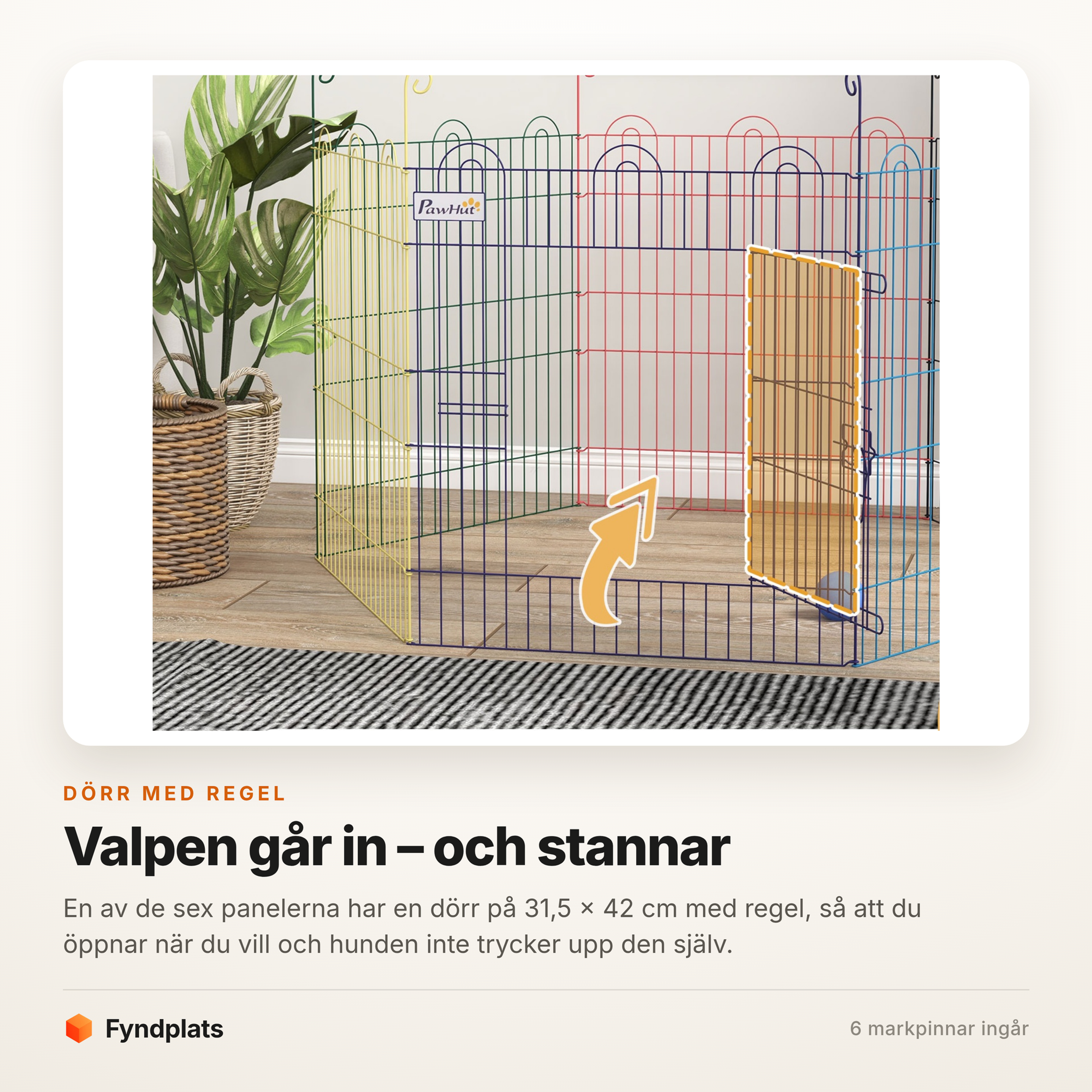 Fyndplats-kort som visar hagens dörr med regel i uppställt läge