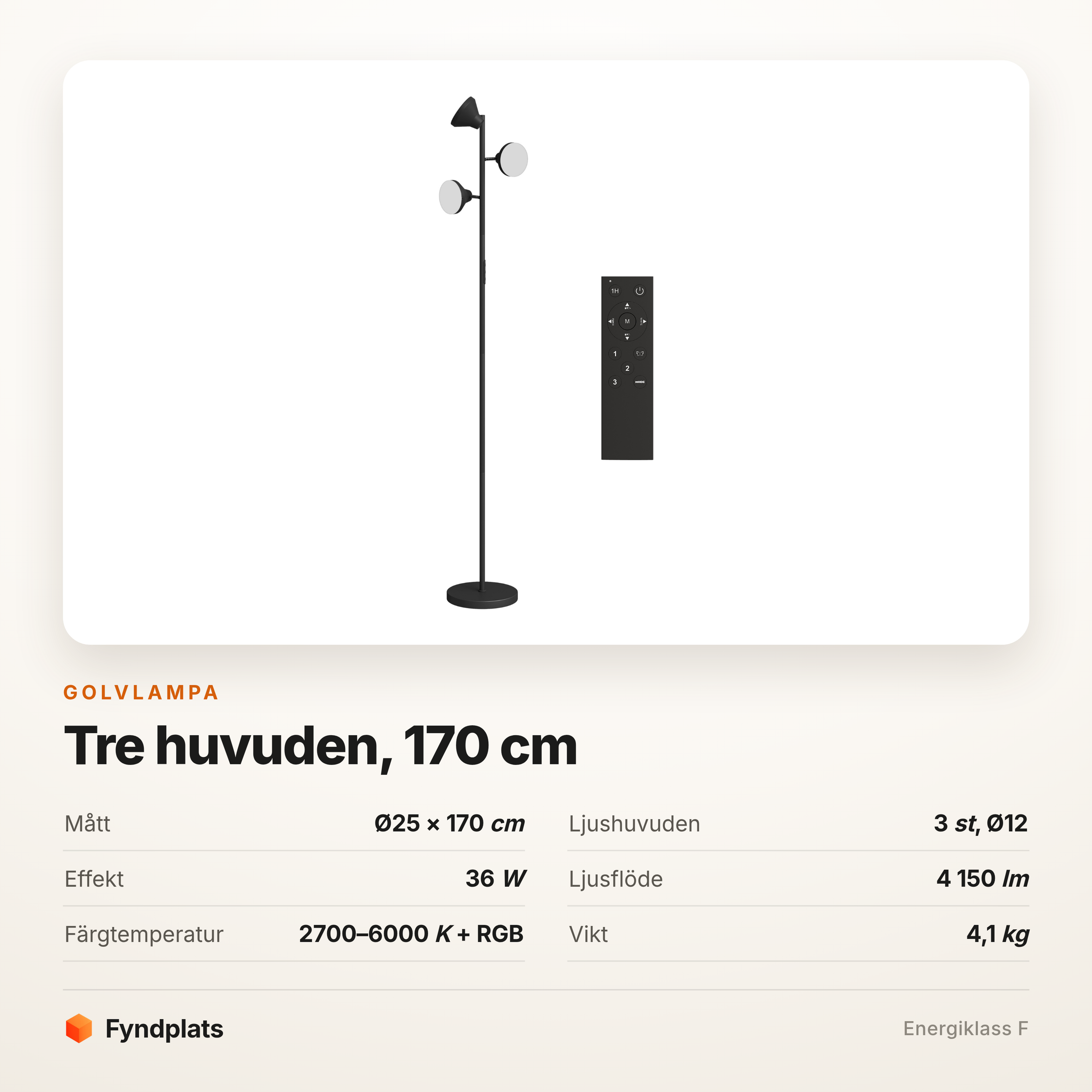 Golvlampa med tre riktbara huvuden 170 cm – 4 150 lumen, RGB och fjärrkontroll – bild 5