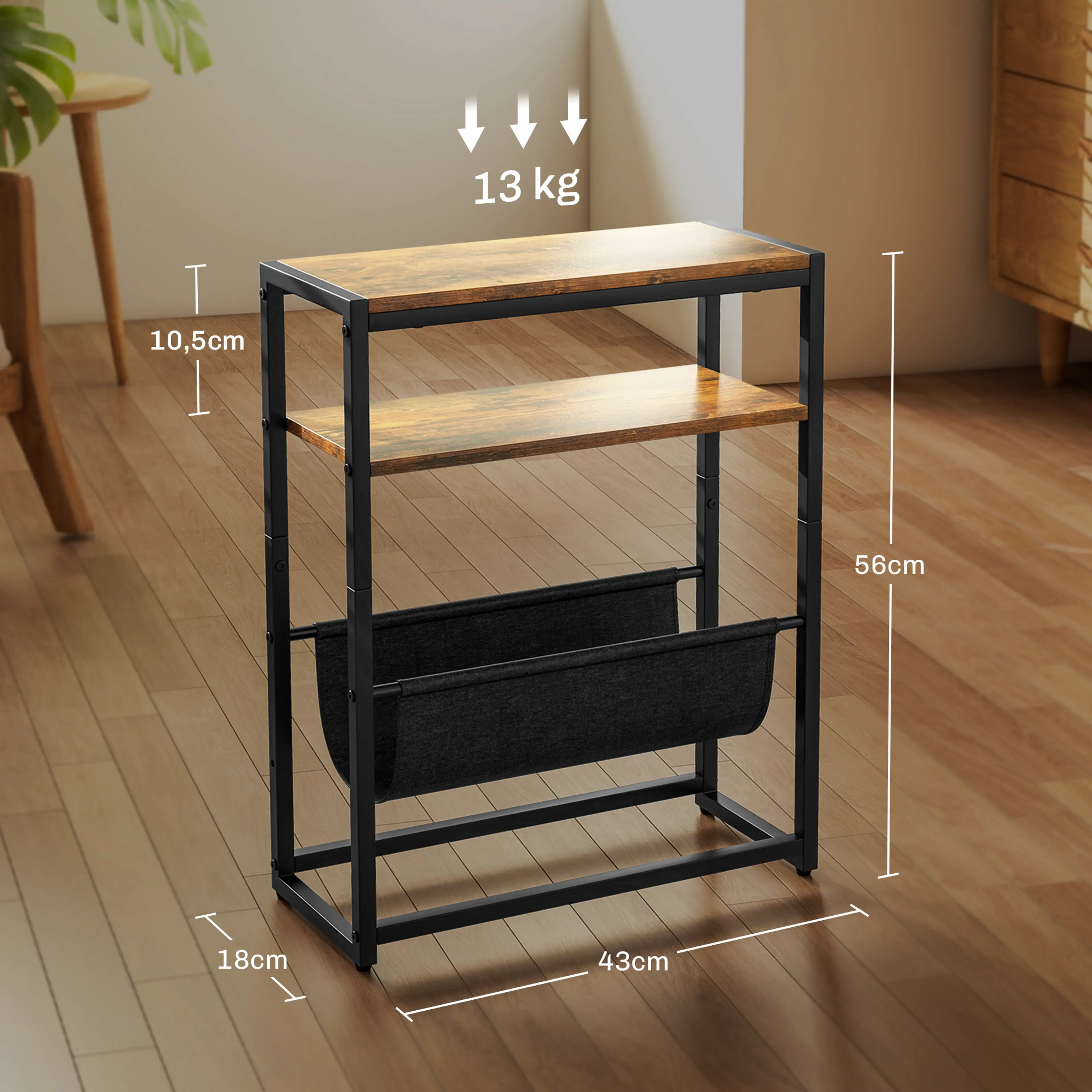 Måttbild: sidobordet är 43 cm brett, 18 cm djupt och 56 cm högt och bär 13 kg