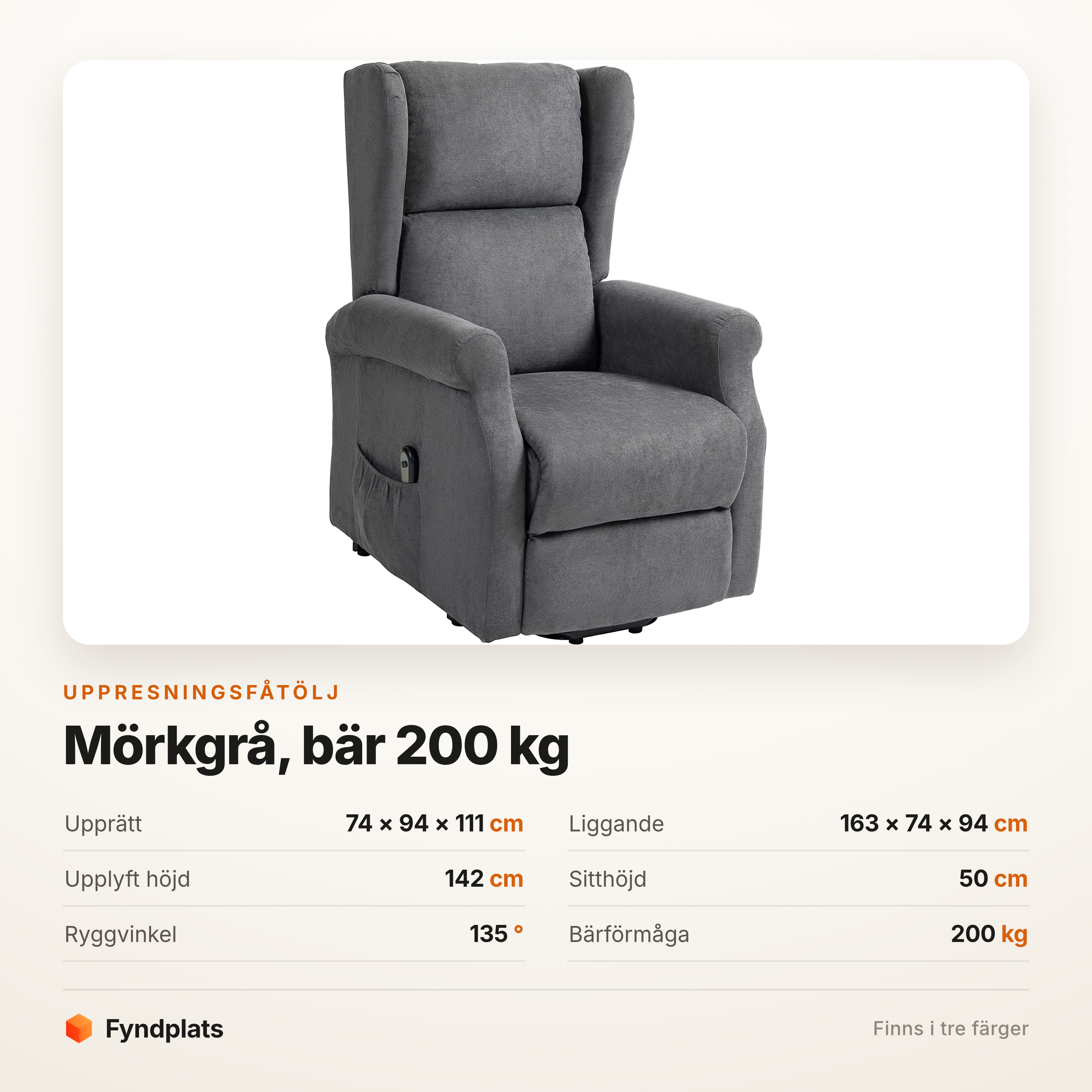 Uppresningsfåtölj mörkgrå som bär 200 kg – 163 cm liggläge, sitthöjd 50 cm – bild 5