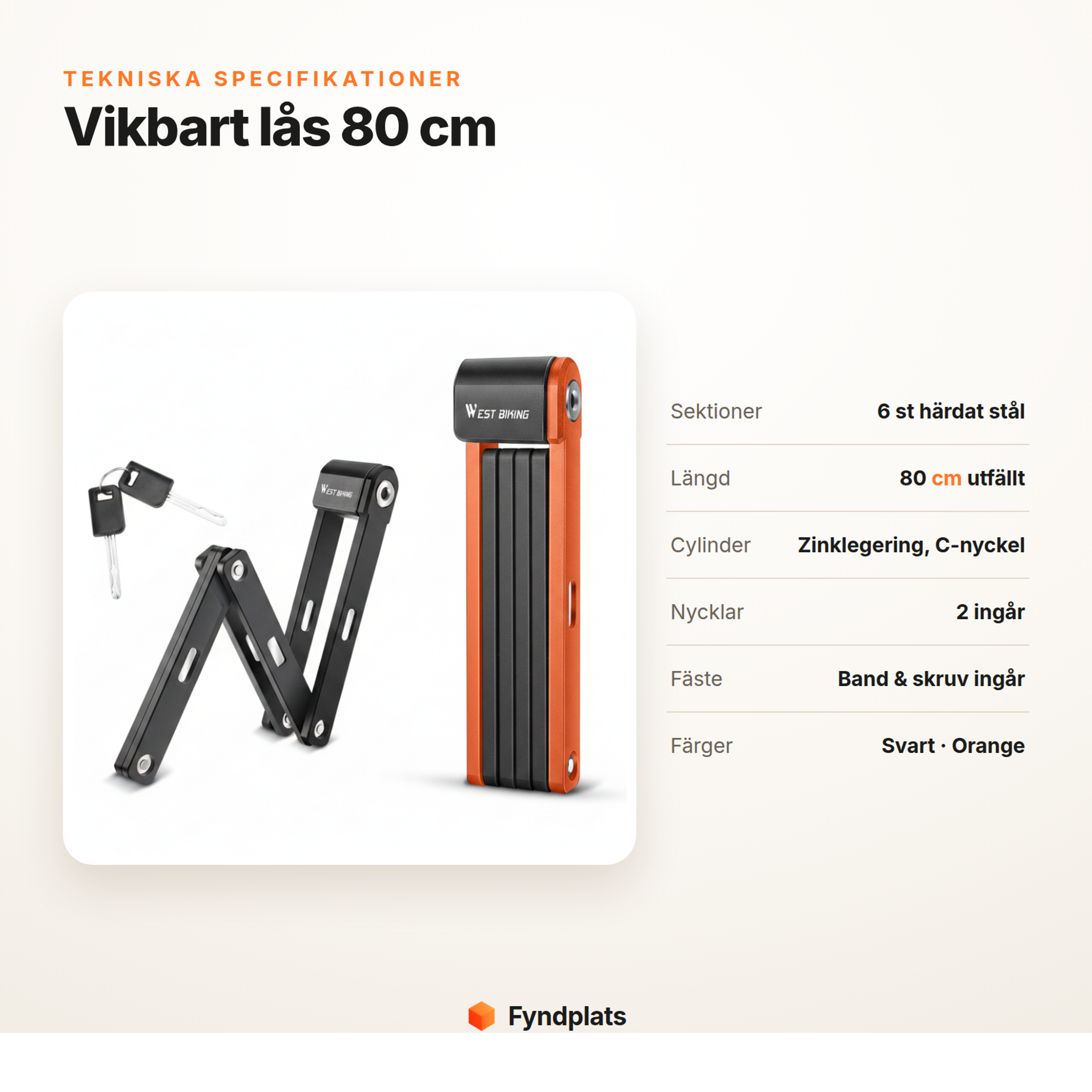 Fyndplats-kort: tekniska specifikationer för vikbart cykellås 80 cm