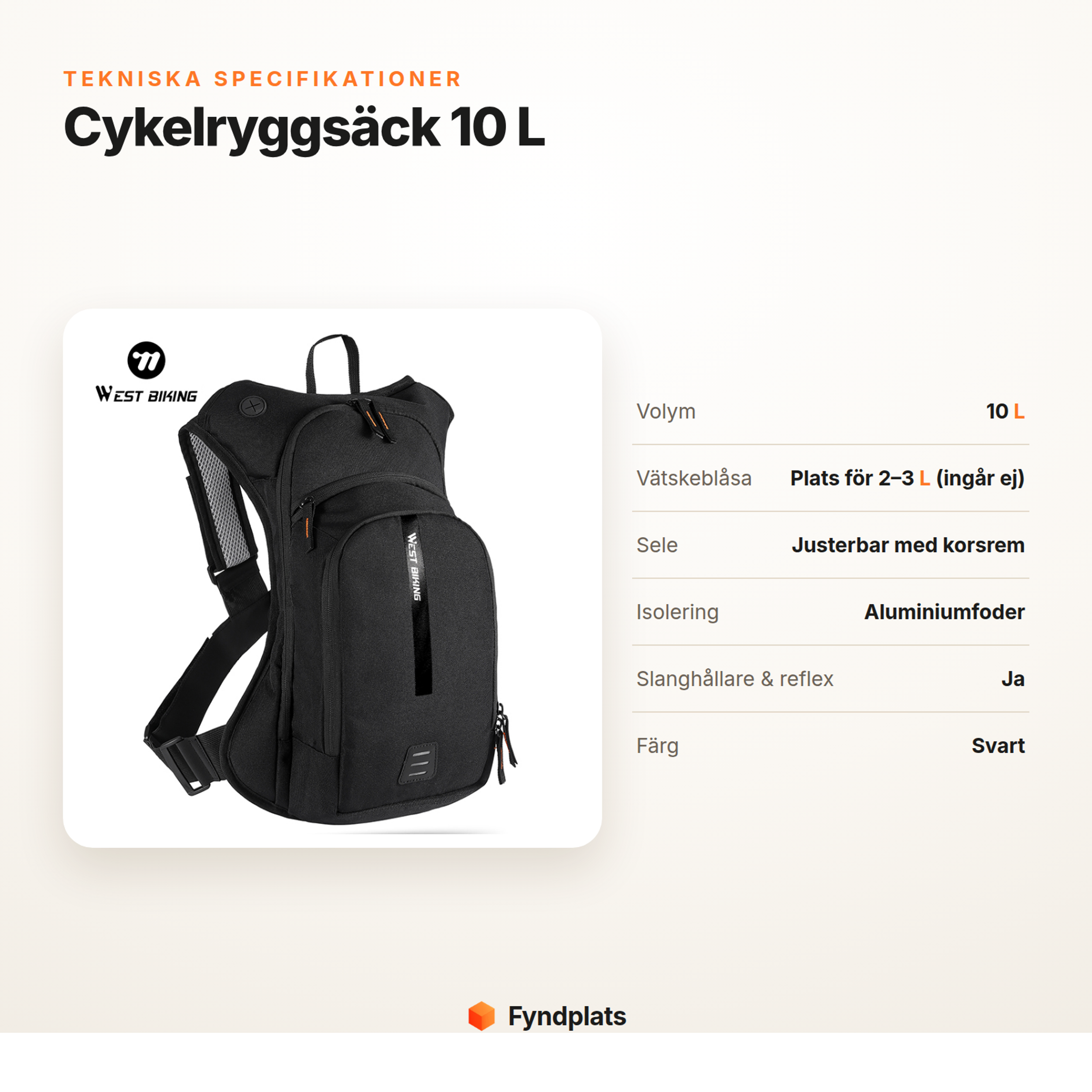 Fyndplats-kort: tekniska specifikationer för cykelryggsäck 10 liter