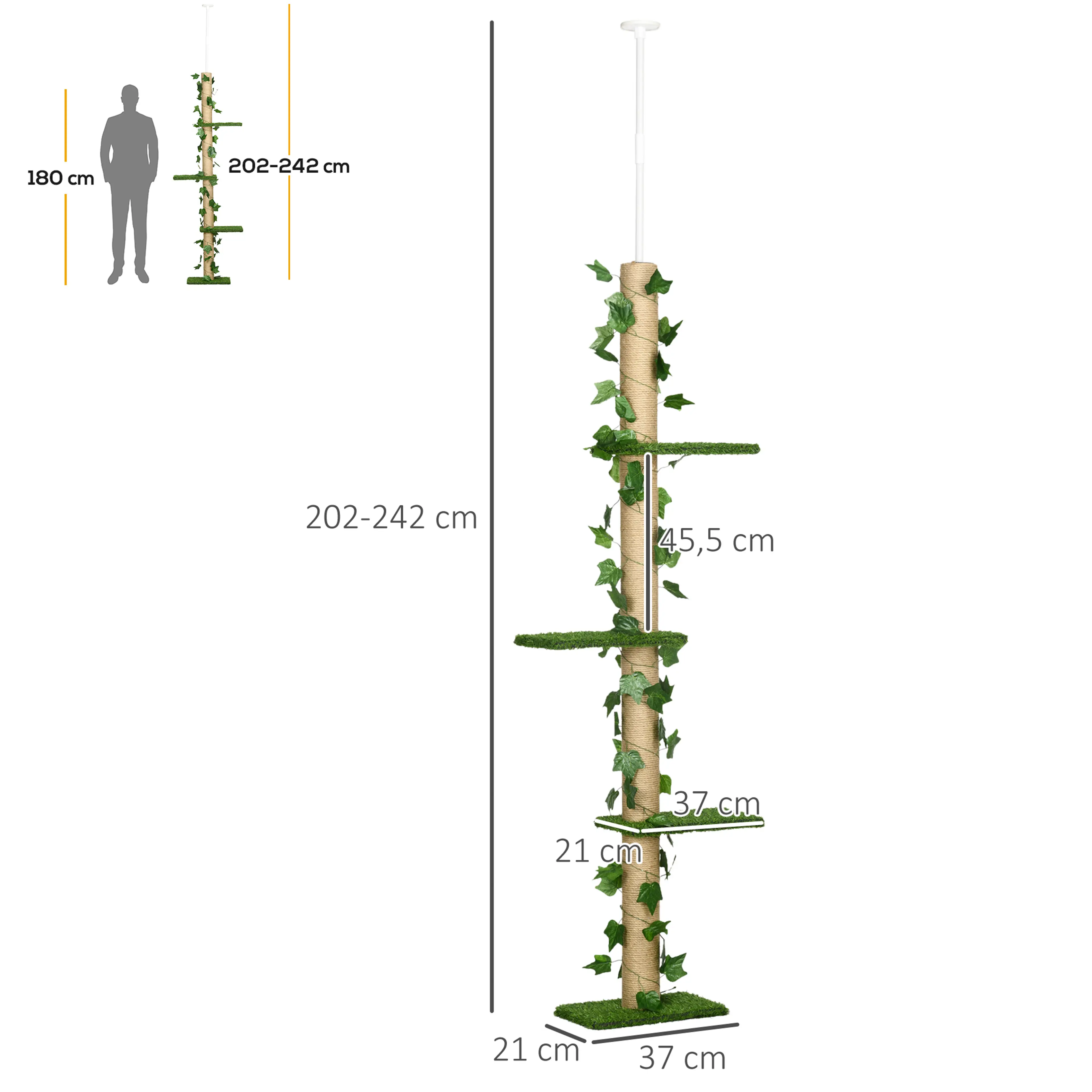 Måttskiss: 37 × 21 cm golvyta och 202–242 cm höjd, jämförd med en person på 180 cm