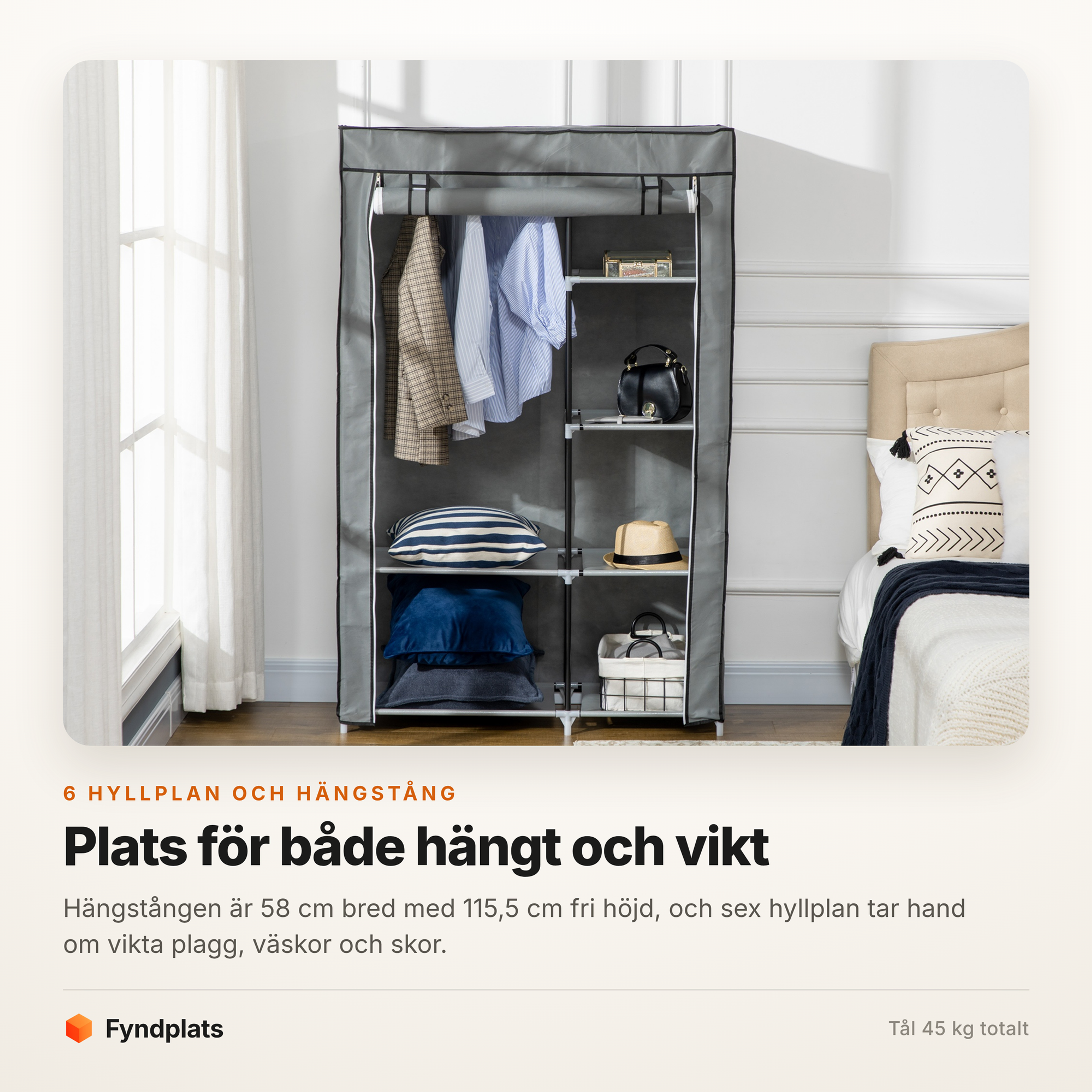 Fyndplats-kort som visar hängstången och de sex hyllplanen med kläder, väska och hatt