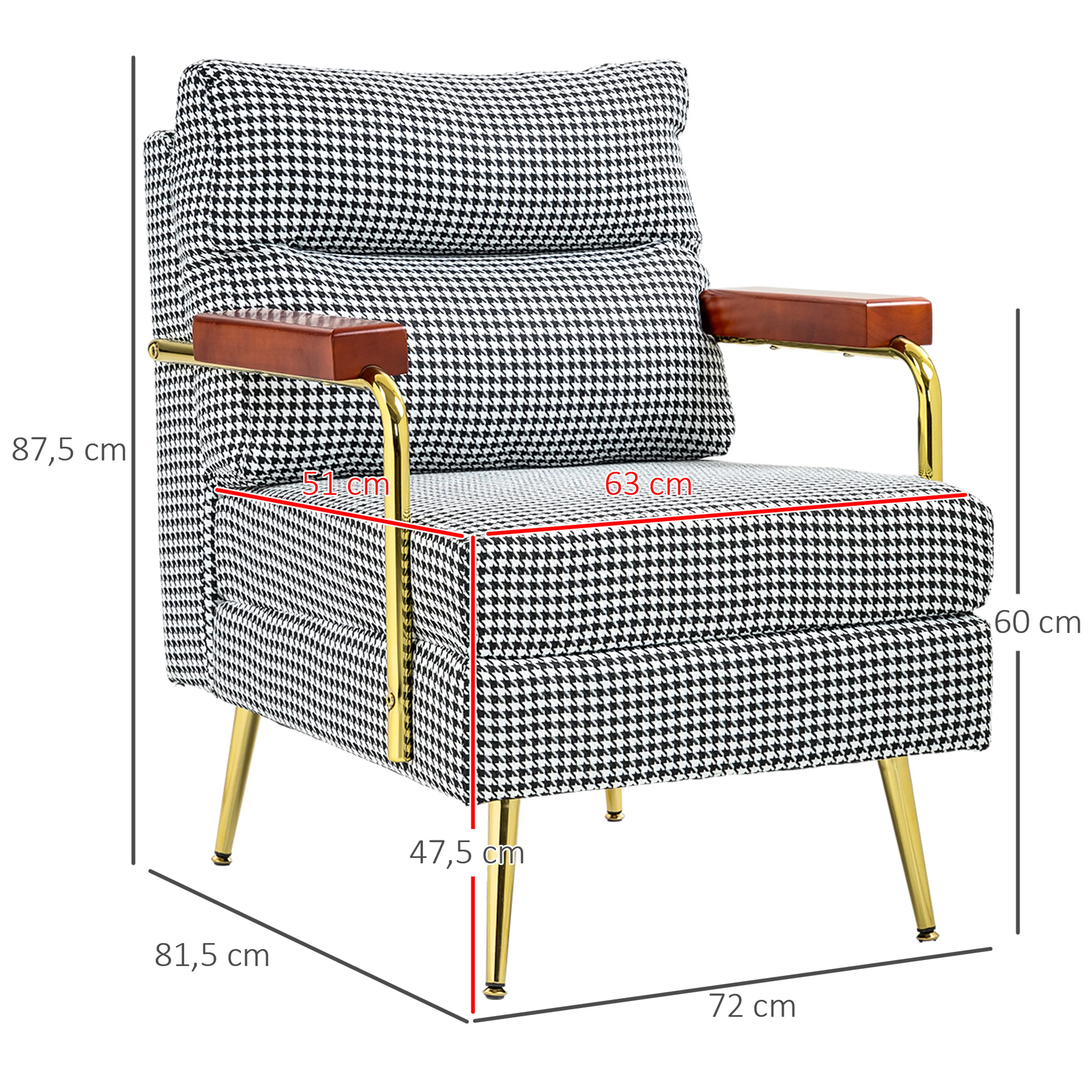 Måttbild: fåtöljen mäter 72 × 81,5 × 87,5 cm, och sitsen är 63 × 51 cm och 47,5 cm hög