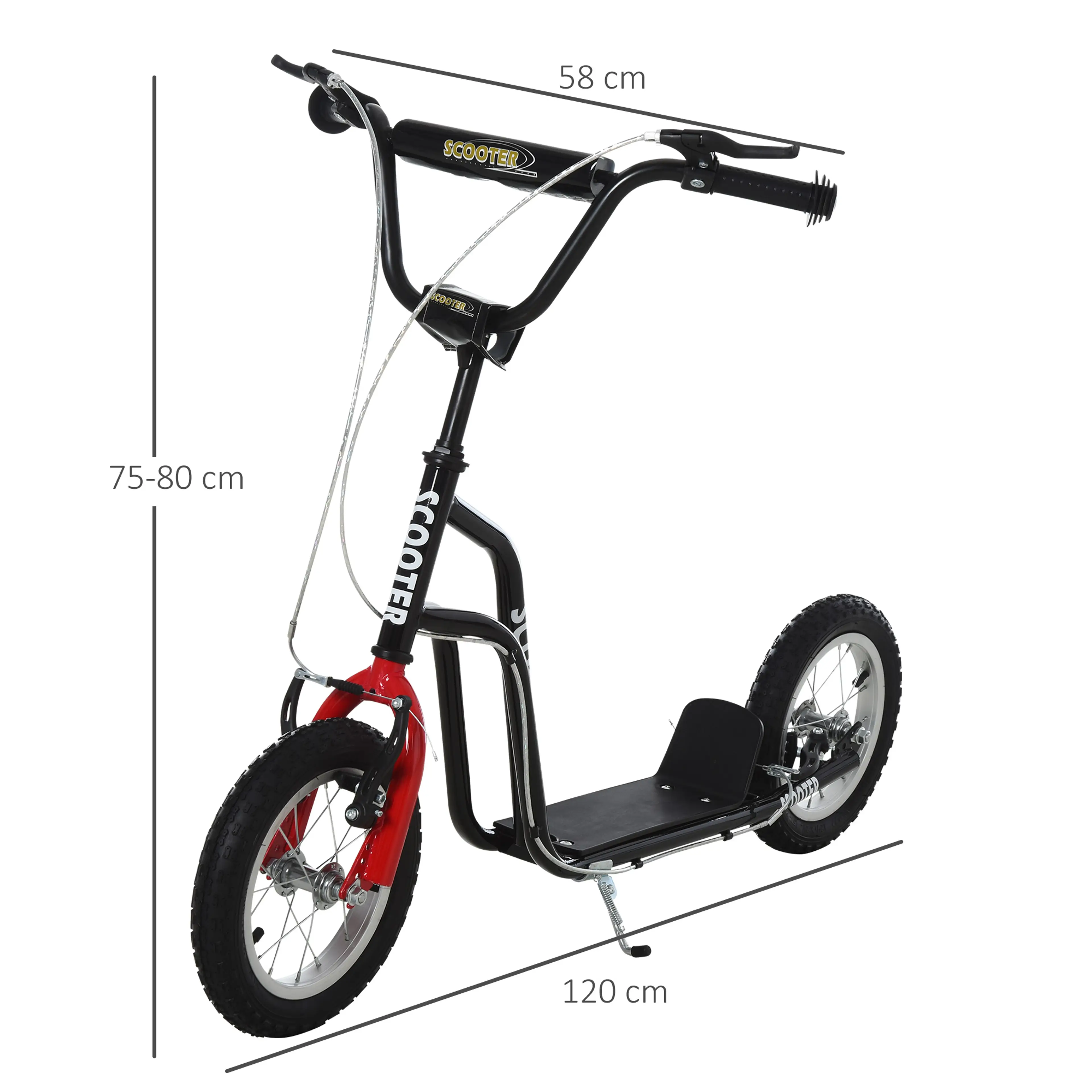 Måttritning för sparkcykel: 120 cm lång, 58 cm bred och styre 75–80 cm