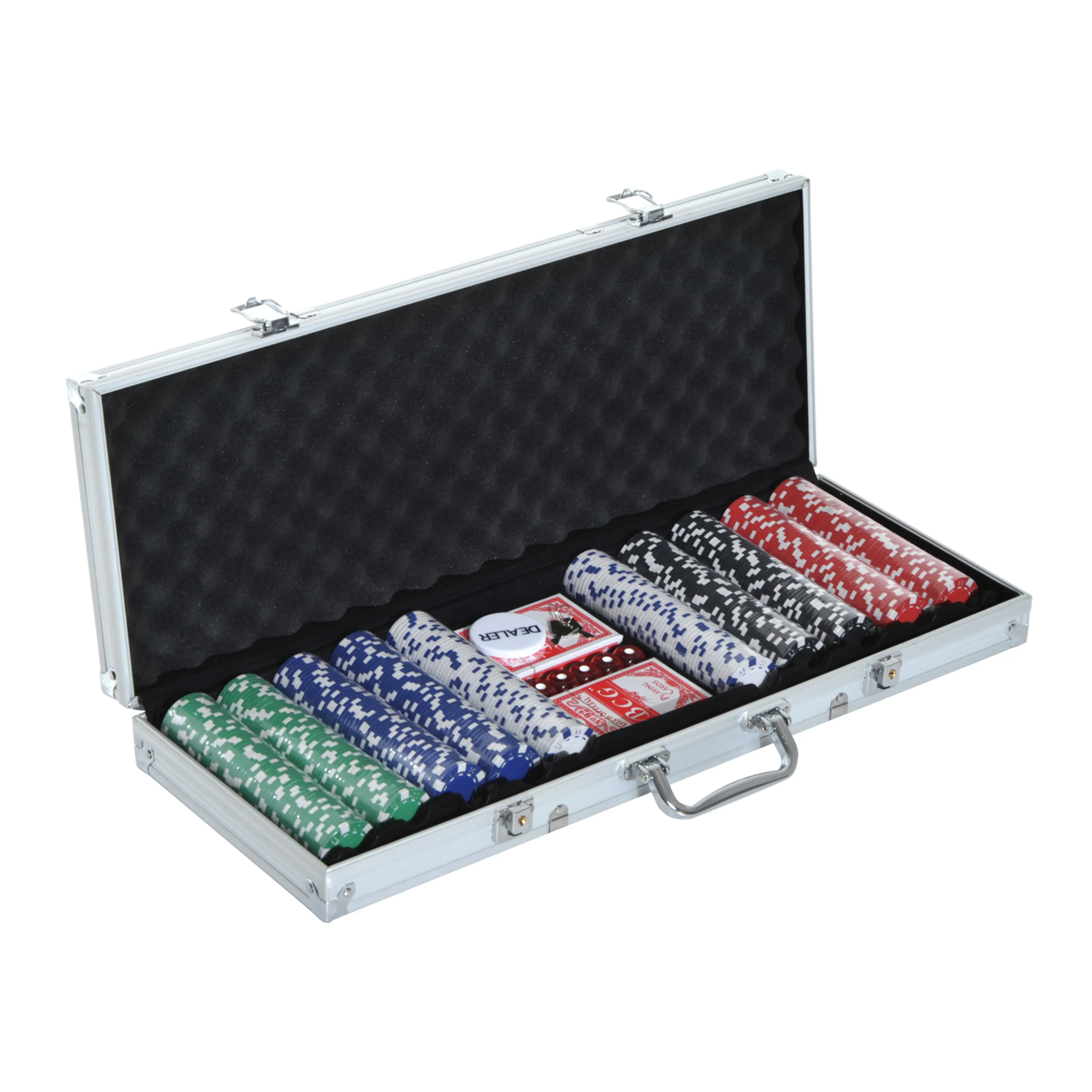 Pokerset i öppen aluminiumväska med marker, kortlekar, tärningar och dealerknapp