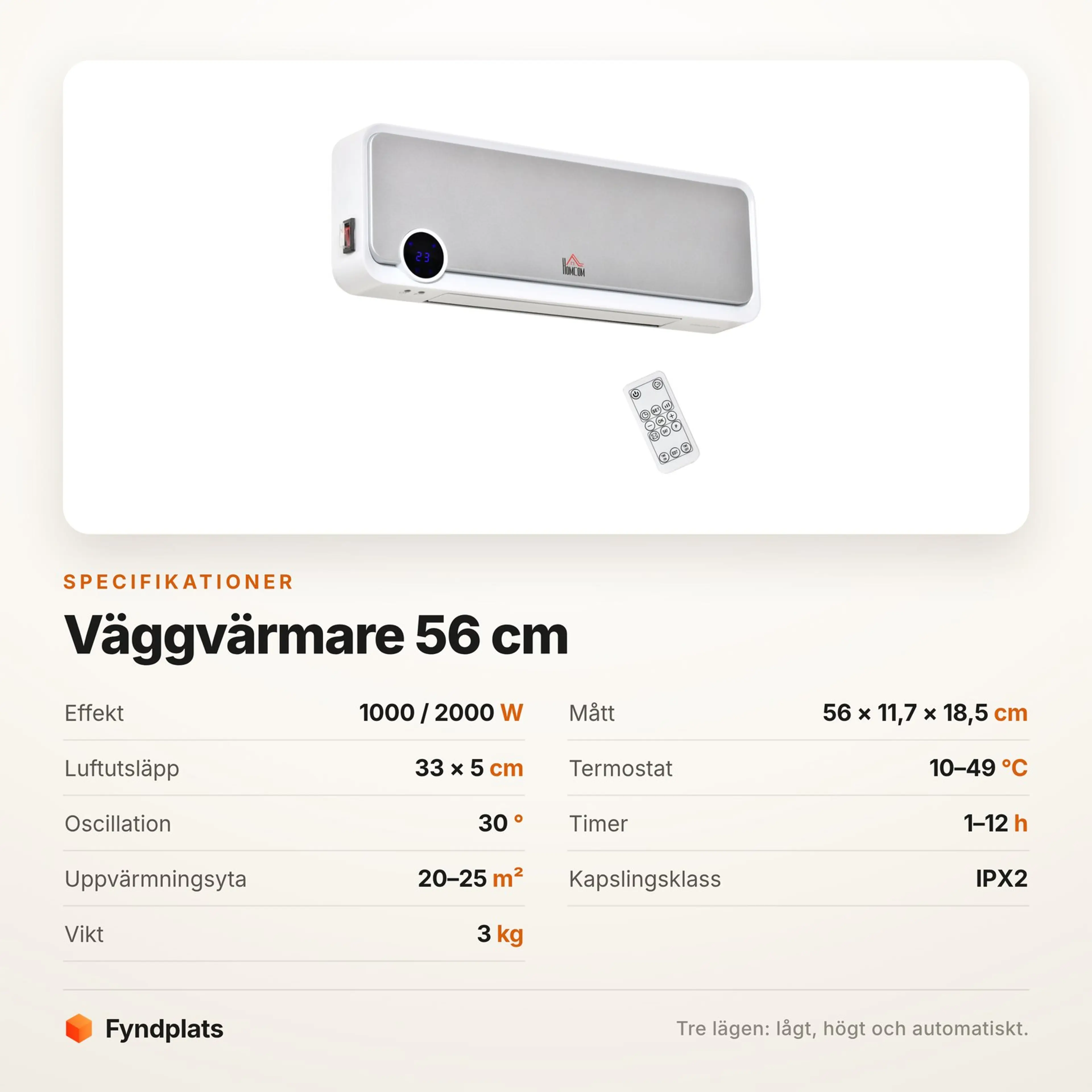 Specifikationer för väggvärmaren: effekt, mått, termostat och timer