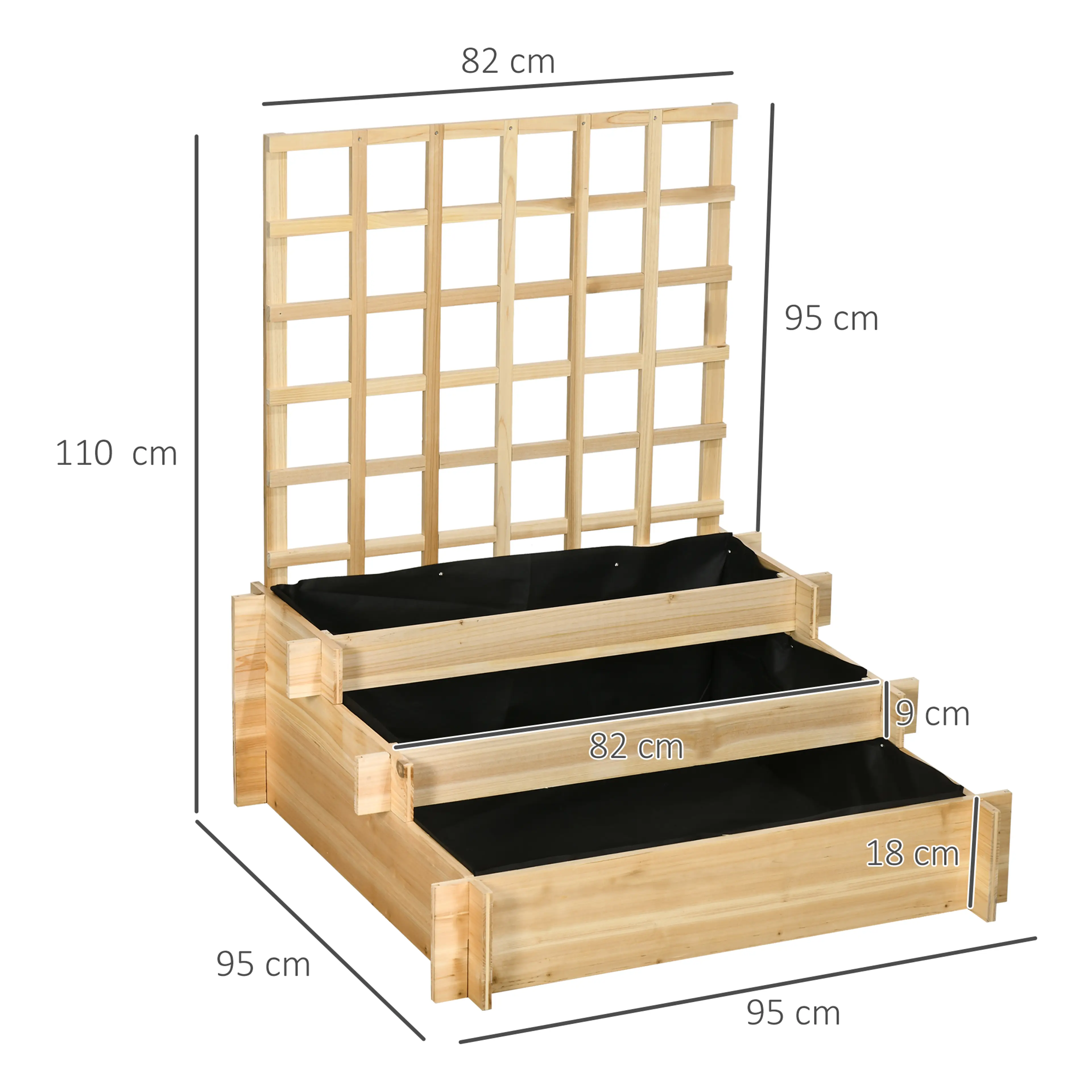 Måttbild med odlingslådans mått i centimeter: 95 i bredd, 95 i djup och 110 i höjd, spaljén 82 bred, och en nivå 18 cm hög