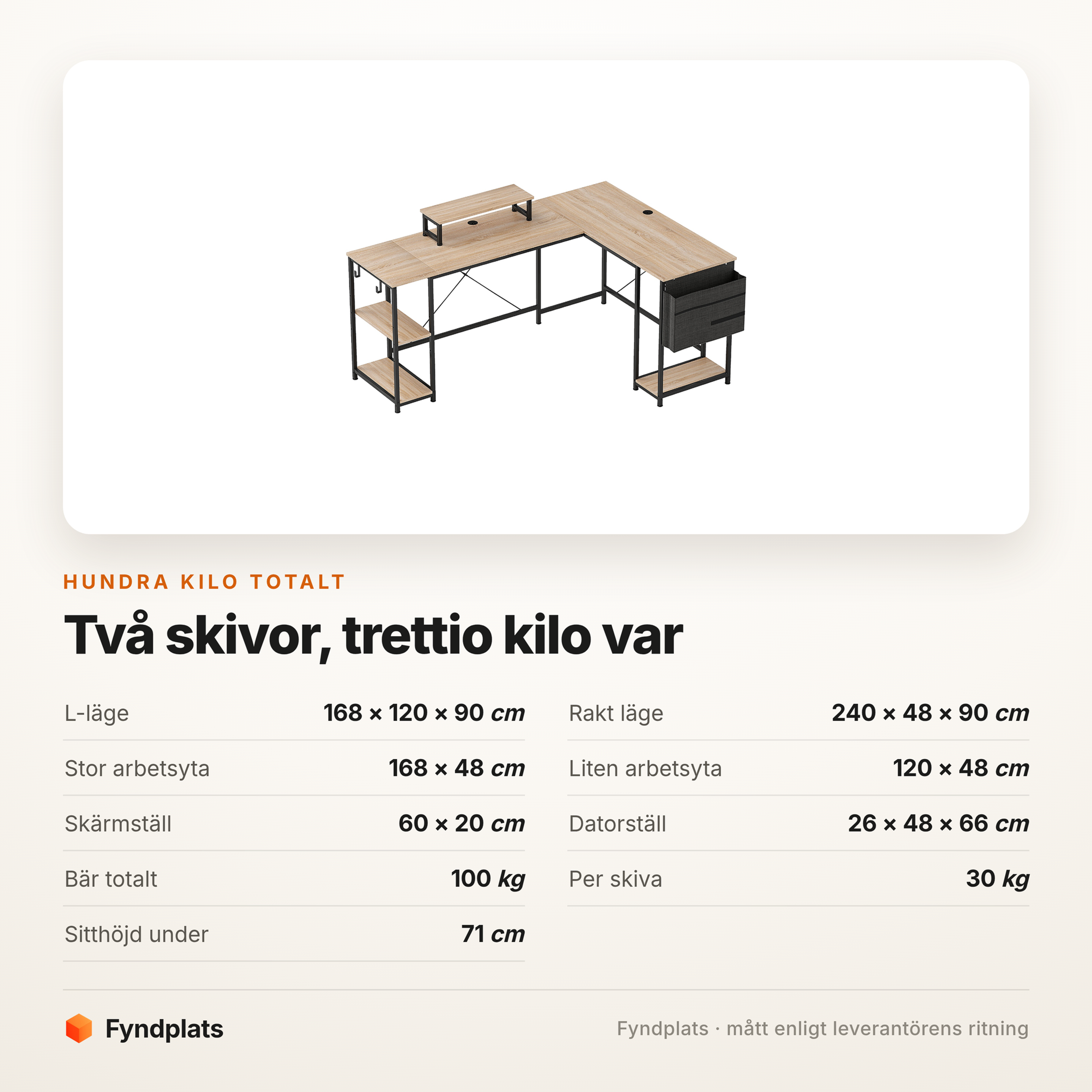 Hörnskrivbord 168 cm eller 240 cm rakt – ljus ekton – bild 5