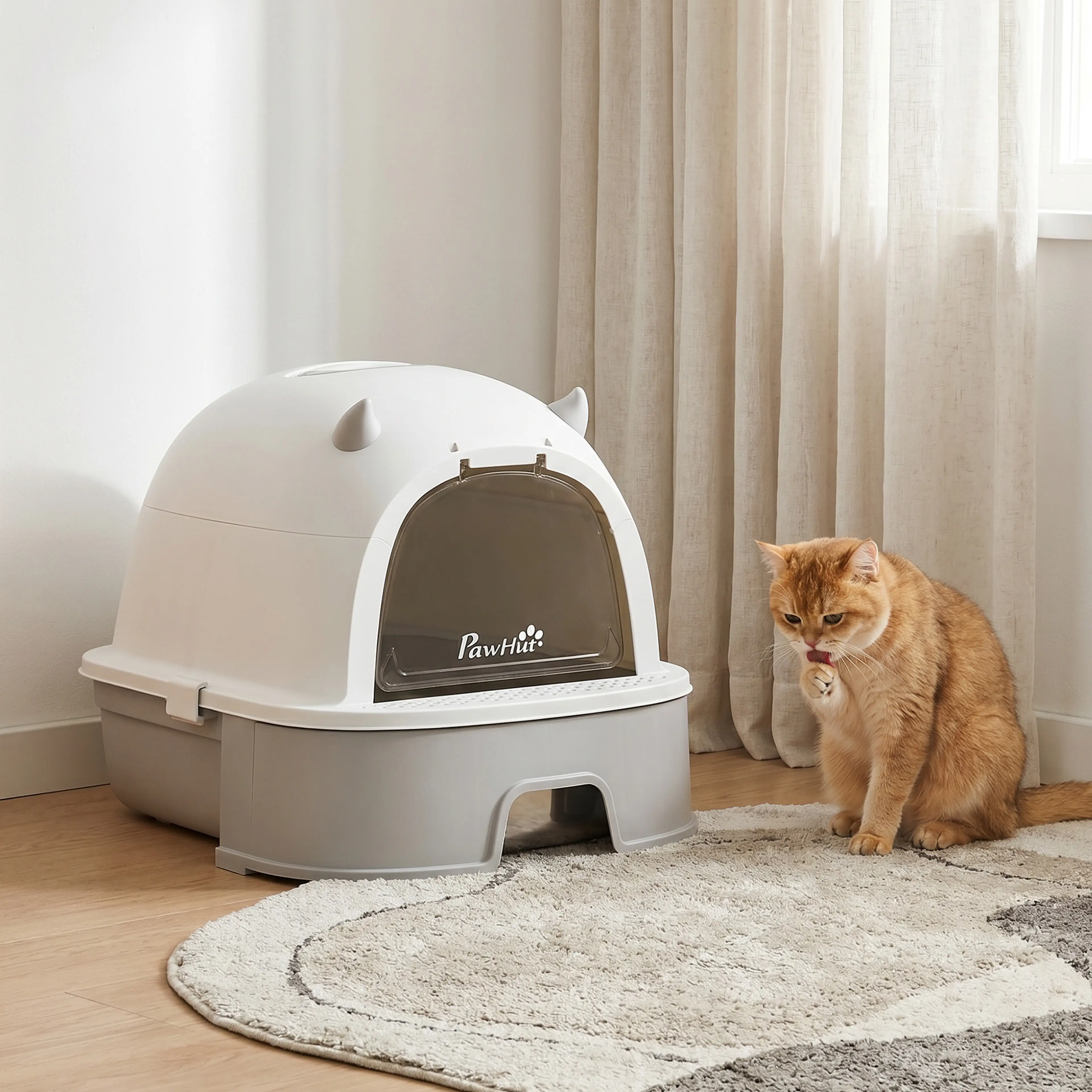 Kattlådan med kupollock står på en rund matta i vardagsrummet med en röd katt bredvid