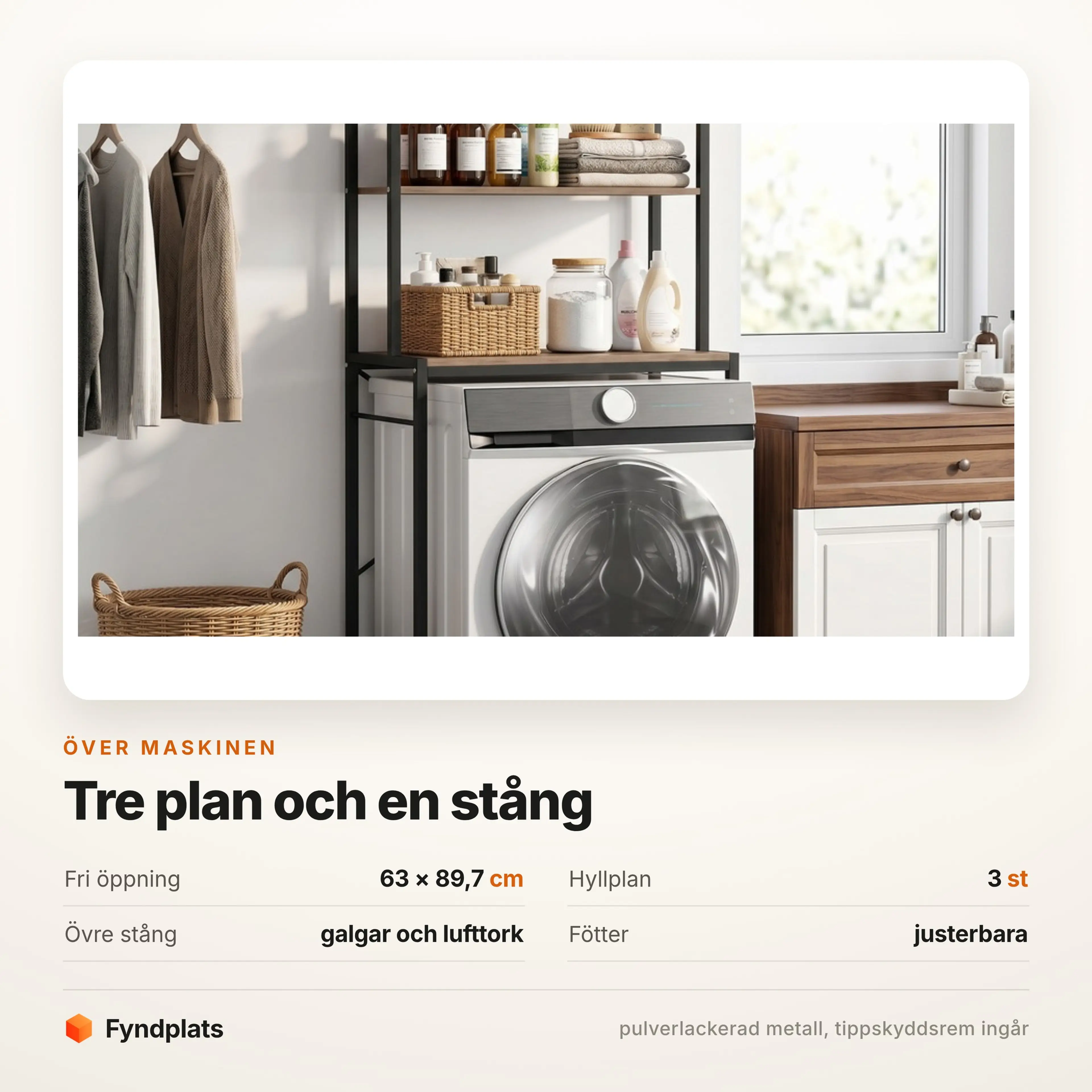 Tvättmaskinshylla 67 × 162 cm med torkstång – bild 3