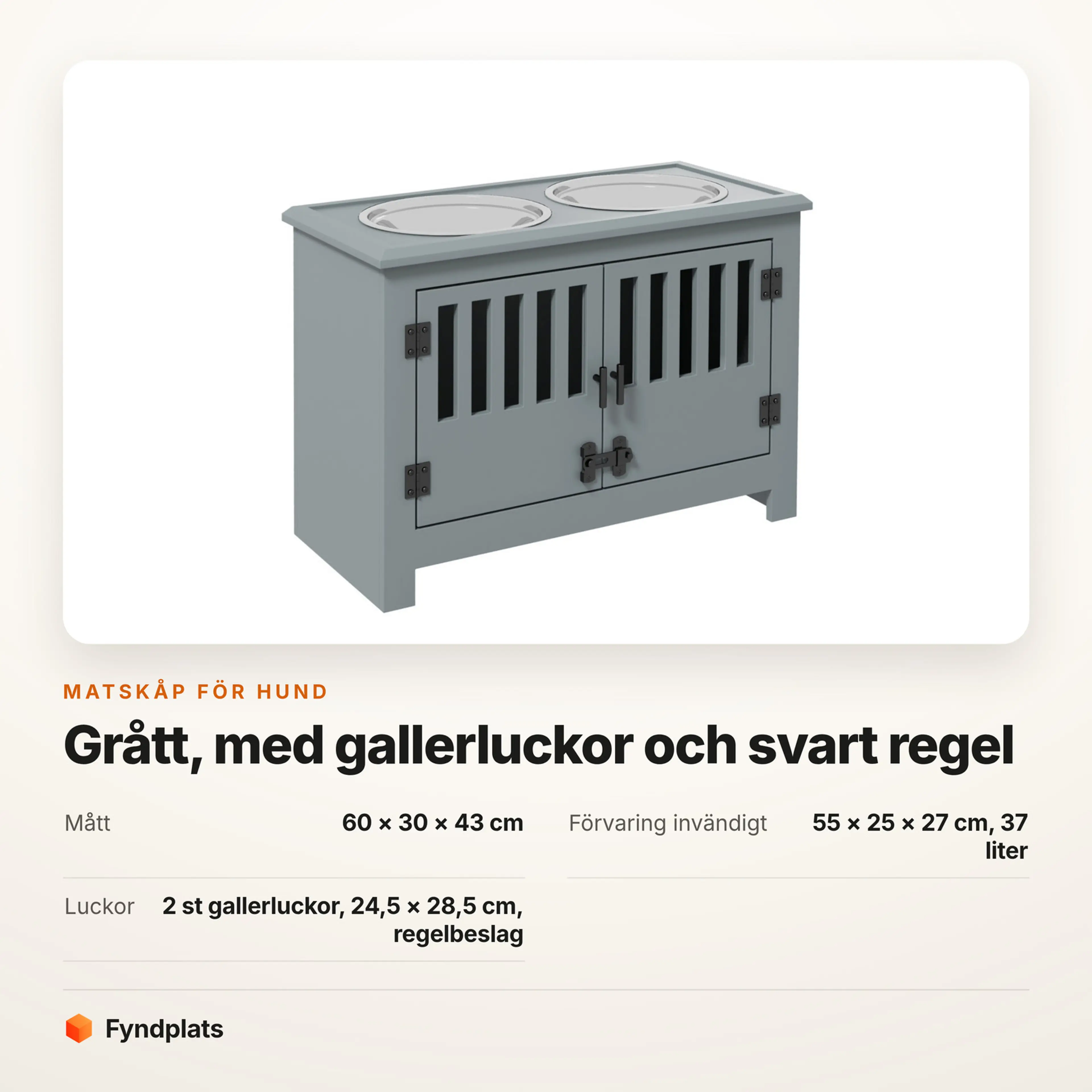 Faktakort: matskåp 60 × 30 × 43 cm med 37 liter förvaring bakom gallerluckor