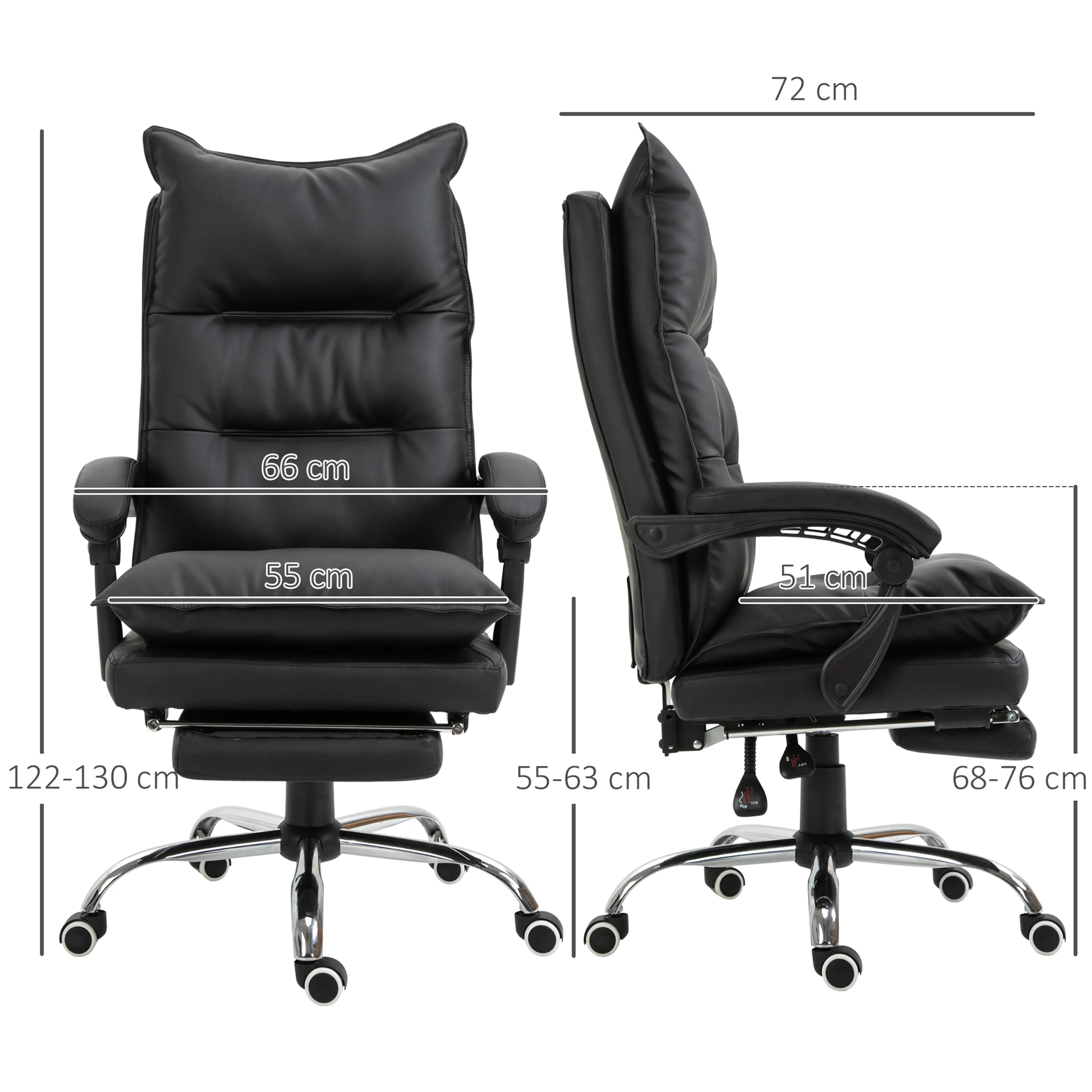 Måttritning med djup 72 cm, bredd 66 cm, sits 55 cm och höjd 122–130 cm