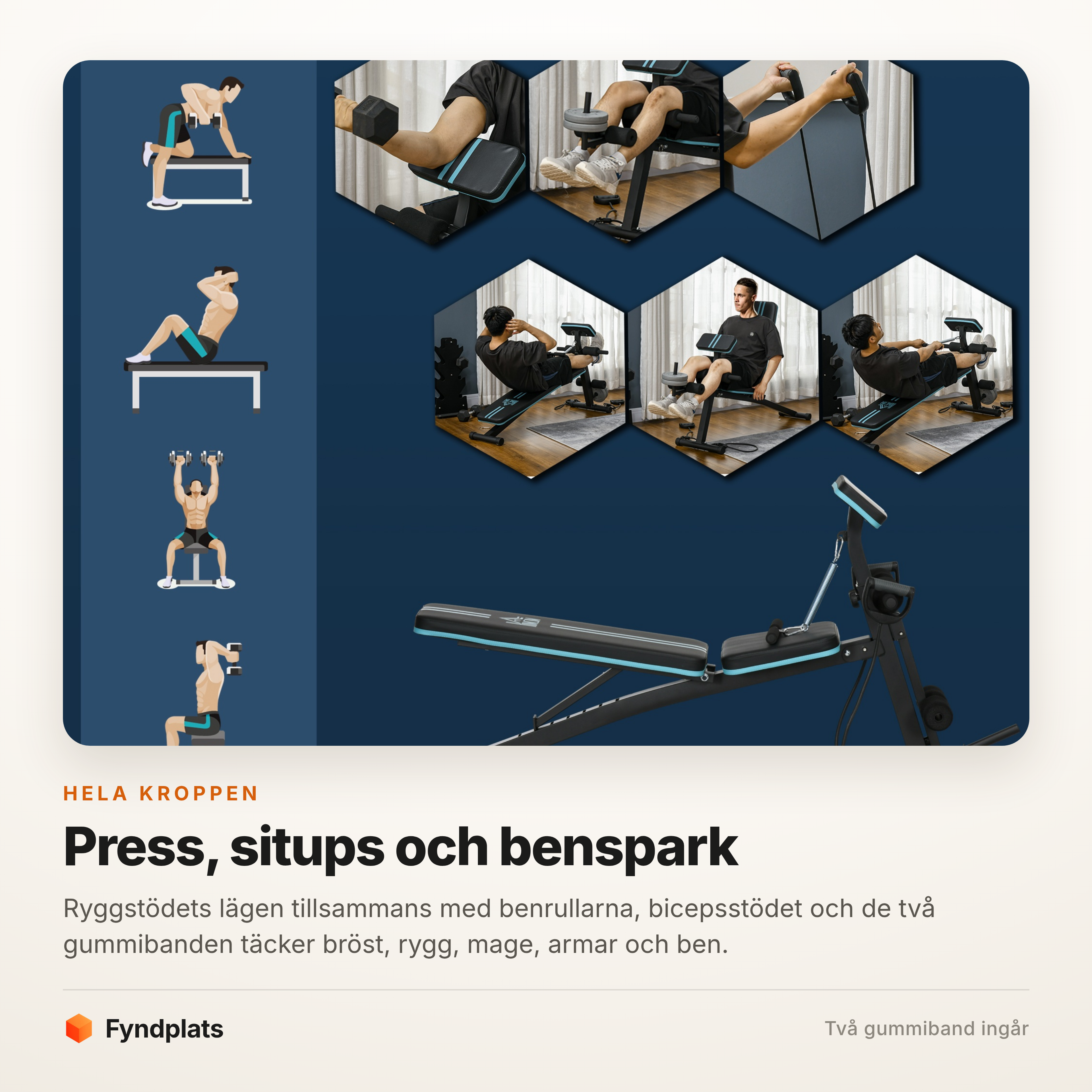 Fyndplats faktakort: övningar på träningsbänken för bröst, rygg, mage, armar och ben