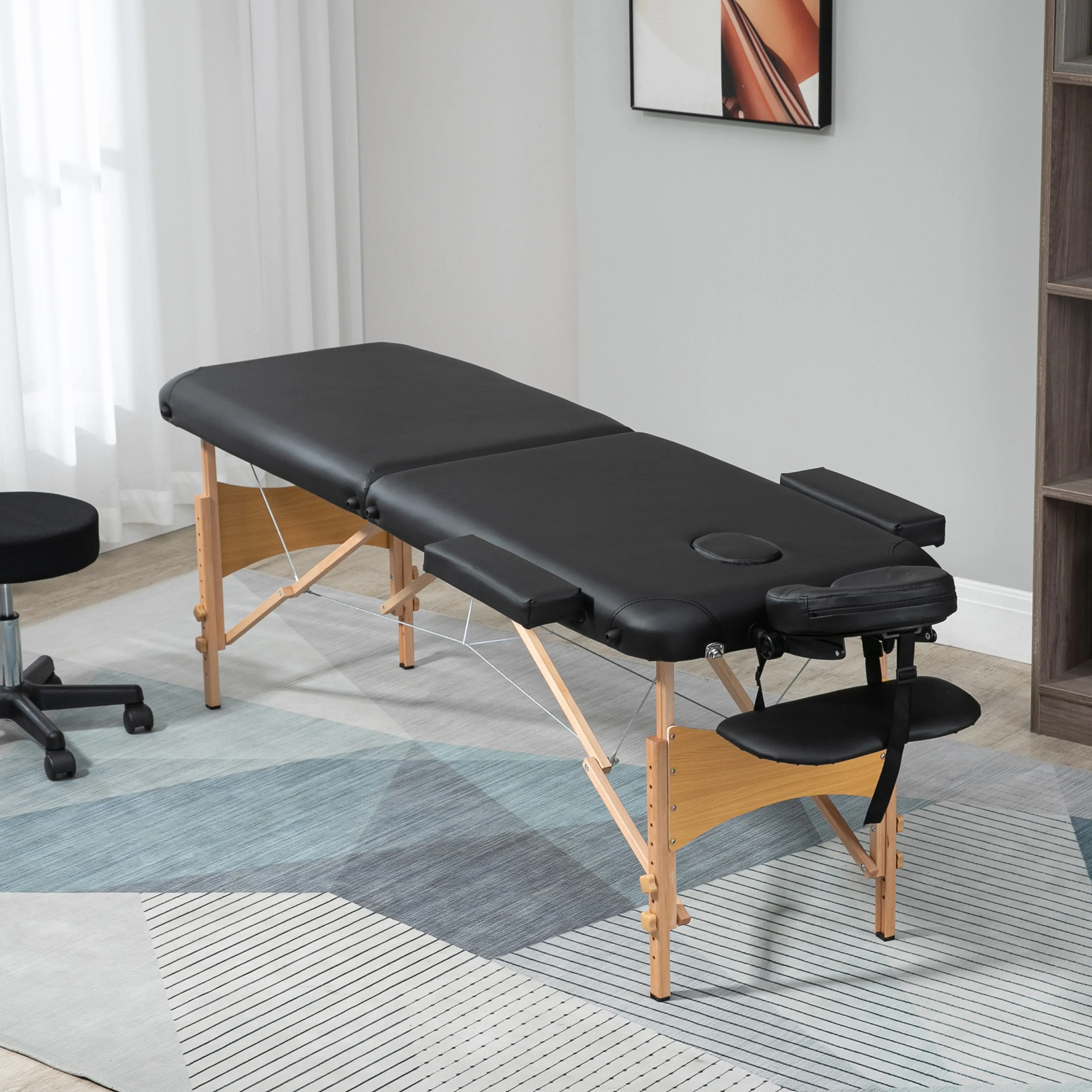 Svart hopfällbar massagebänk med träställ och ansiktsstöd (2)