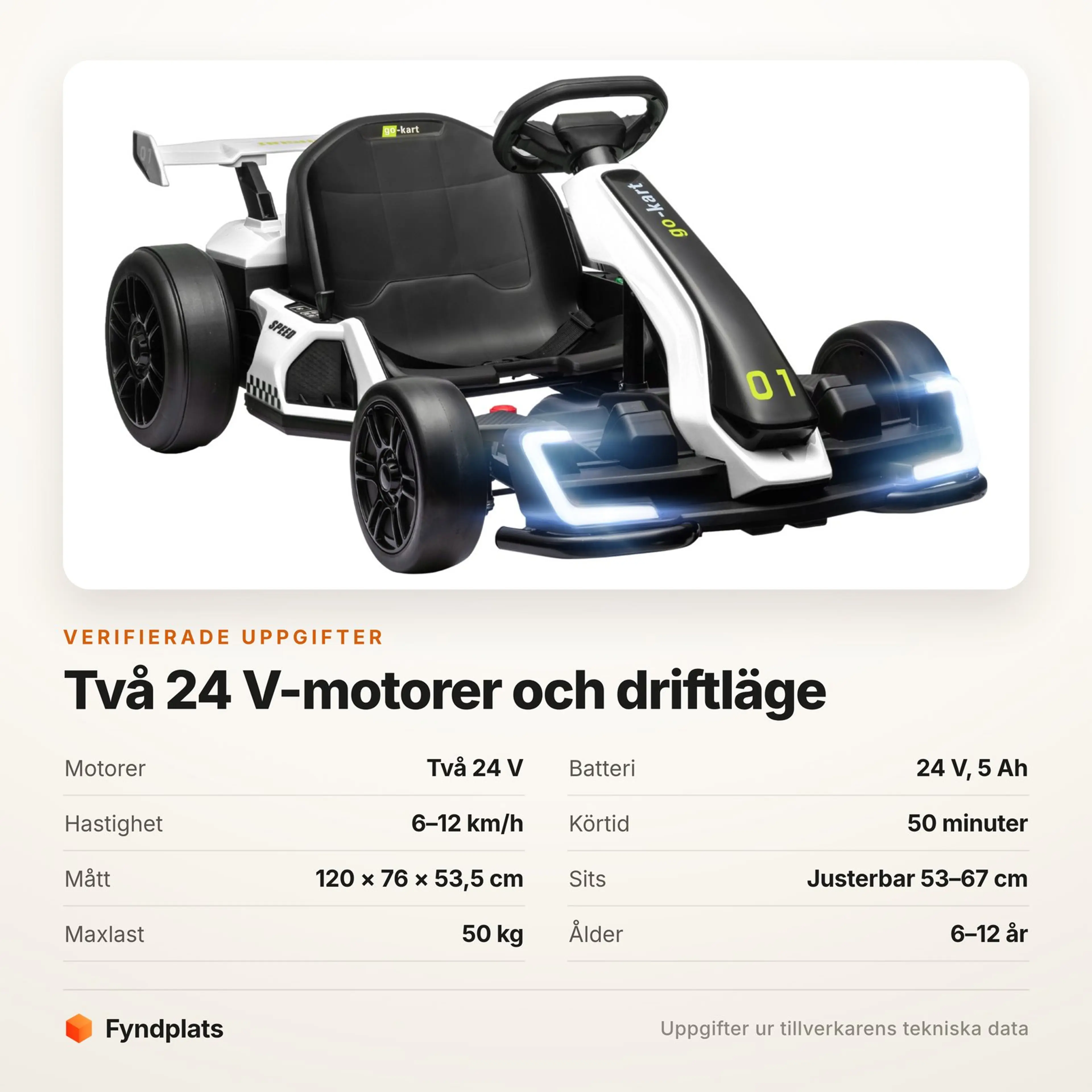 Specifikationer för elgokarten: två 24 V-motorer, 6–12 km/h, 50 minuters körtid och maxlast 50 kg