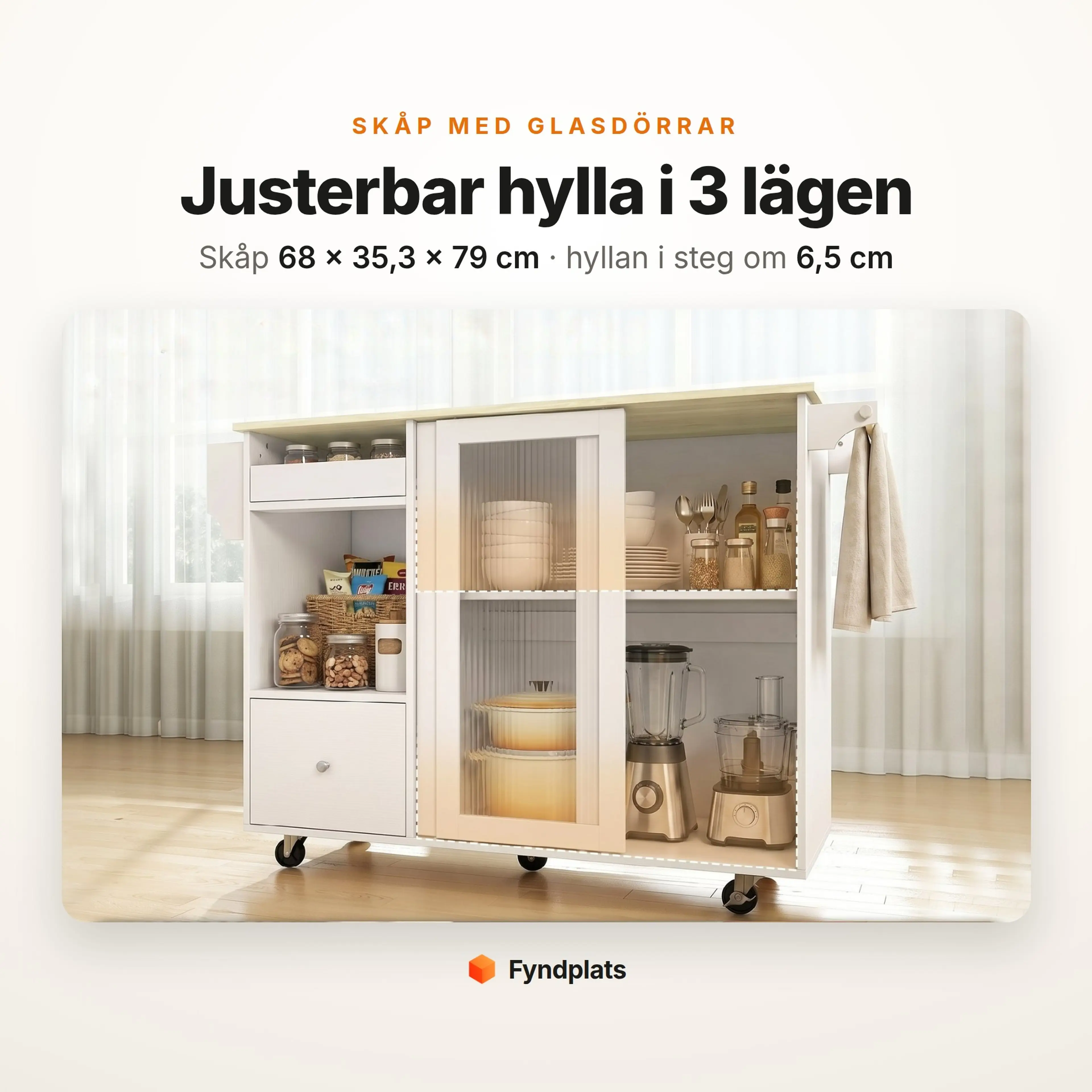 Skåp med skjutdörrar i härdat glas och justerbar hylla i tre höjdlägen