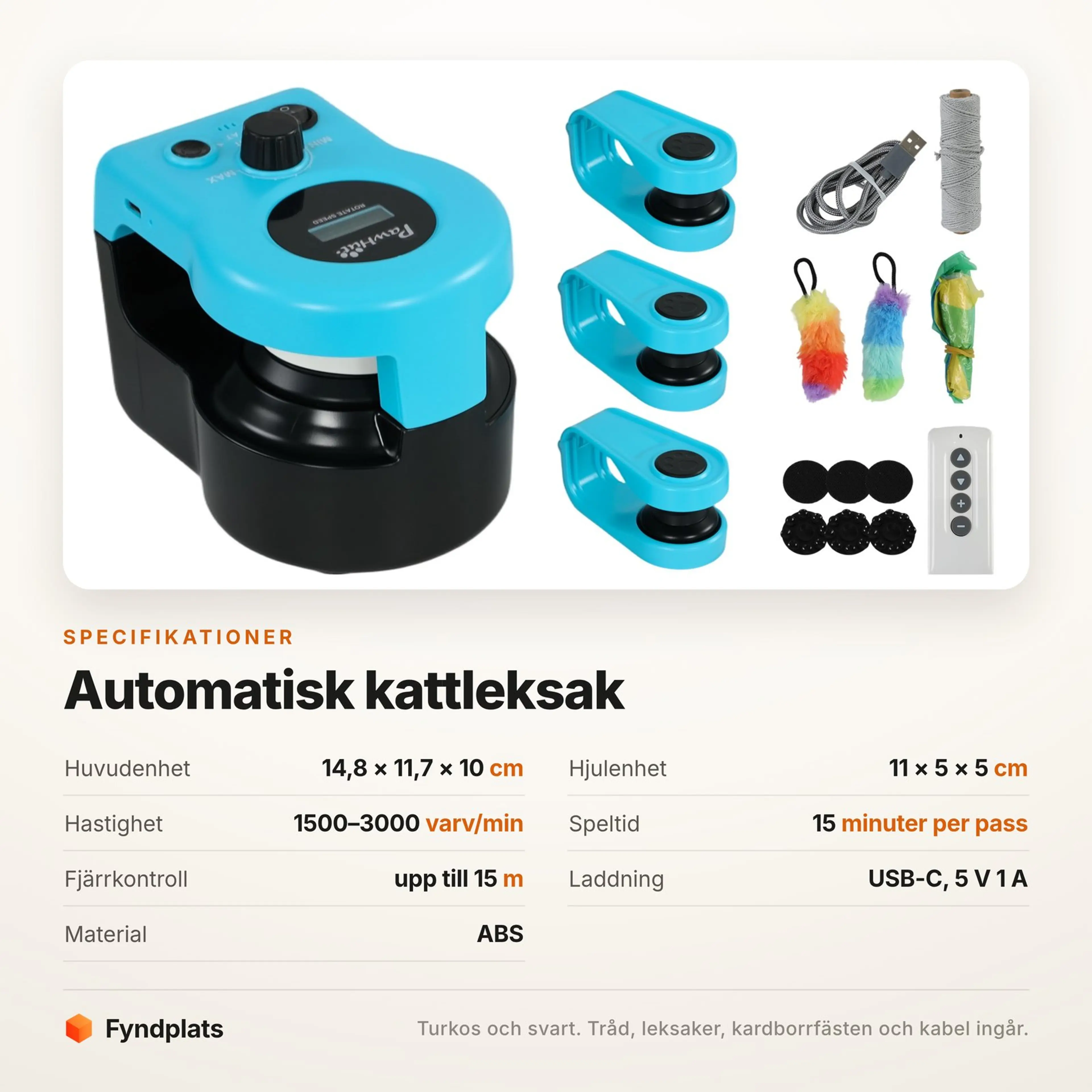 Specifikationskort för automatisk kattleksak: 1500–3000 varv/min, fjärrkontroll på 15 m och USB-C