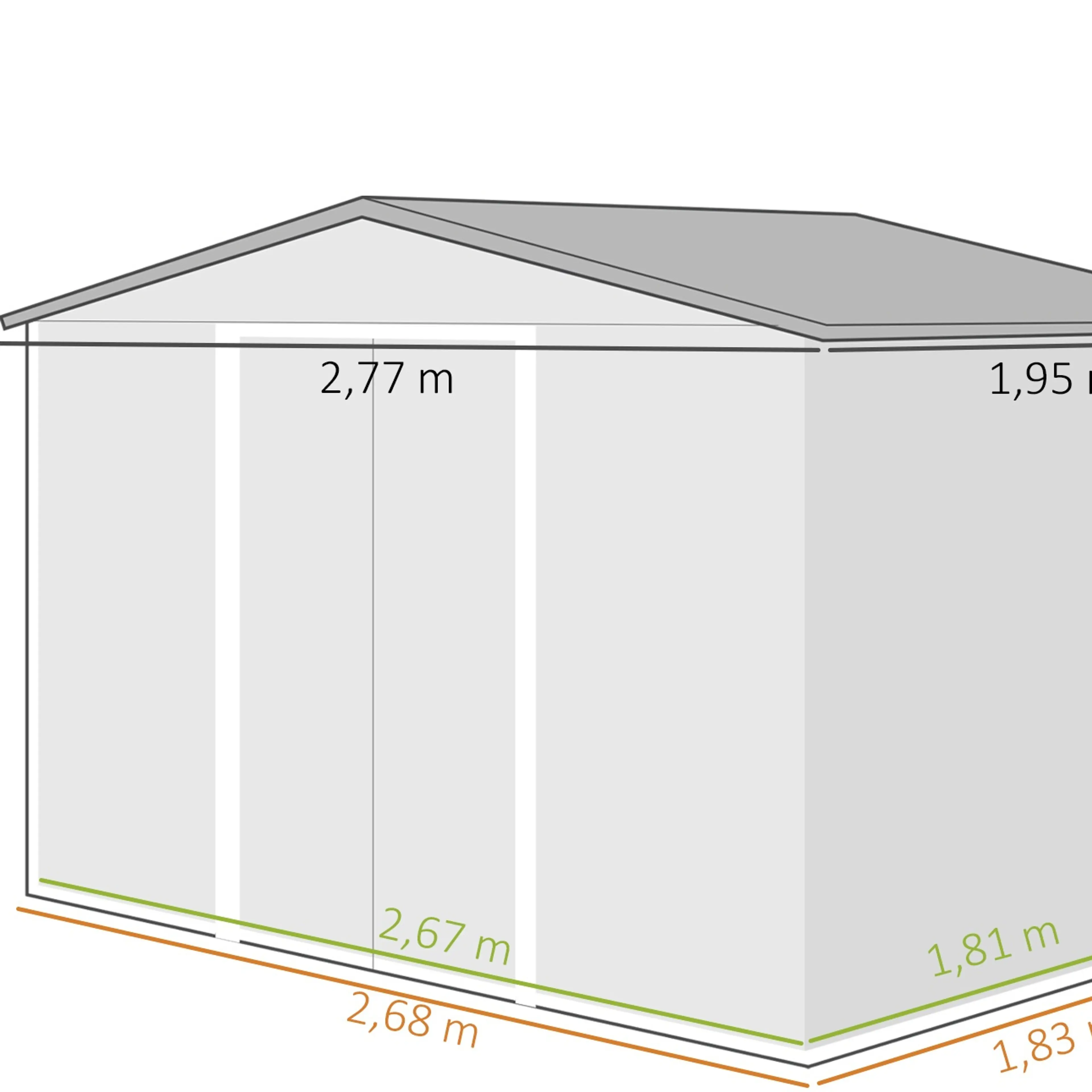 Måttskiss med yttermått 2,77 × 1,95 m, basram 2,68 × 1,83 m och invändigt 2,67 × 1,81 m