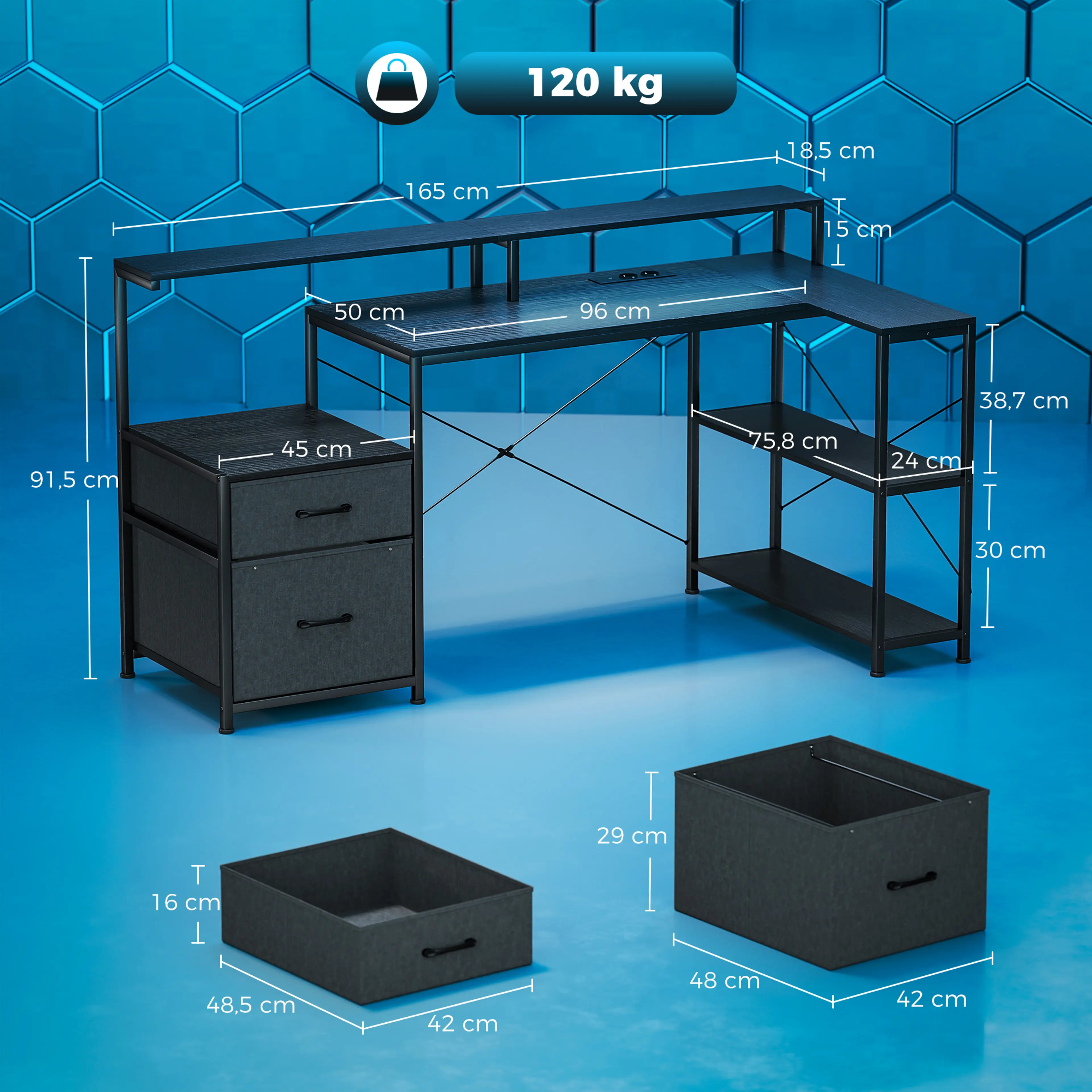 Gamingbord 165 cm i L-form med LED och eluttag – bild 6