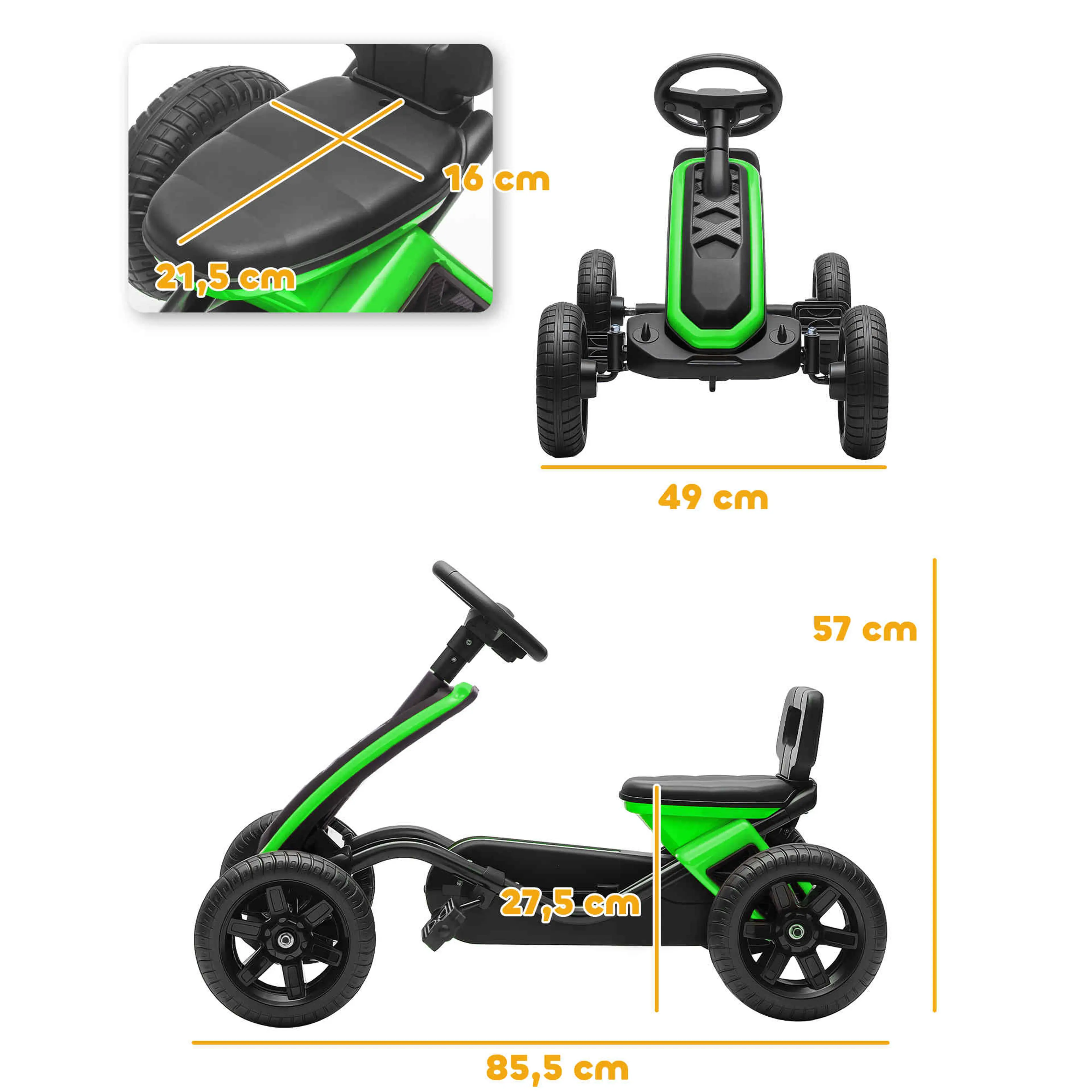 Måttskiss på den gröna trampgokarten: 85,5 cm lång, 49 cm bred och 57 cm hög