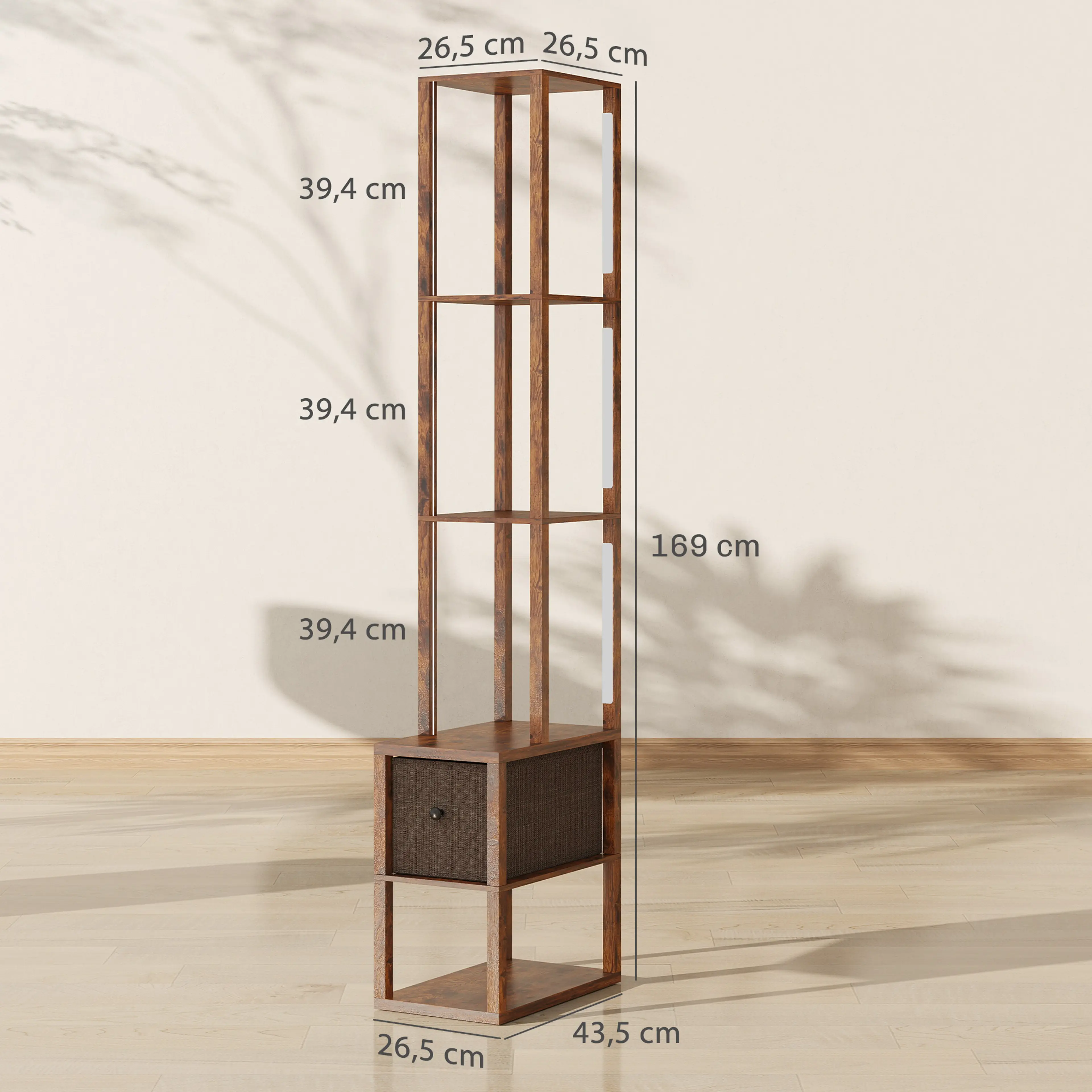 Måttskiss: 169 cm höjd, 43,5 cm bredd och hyllplan på 26,5 cm