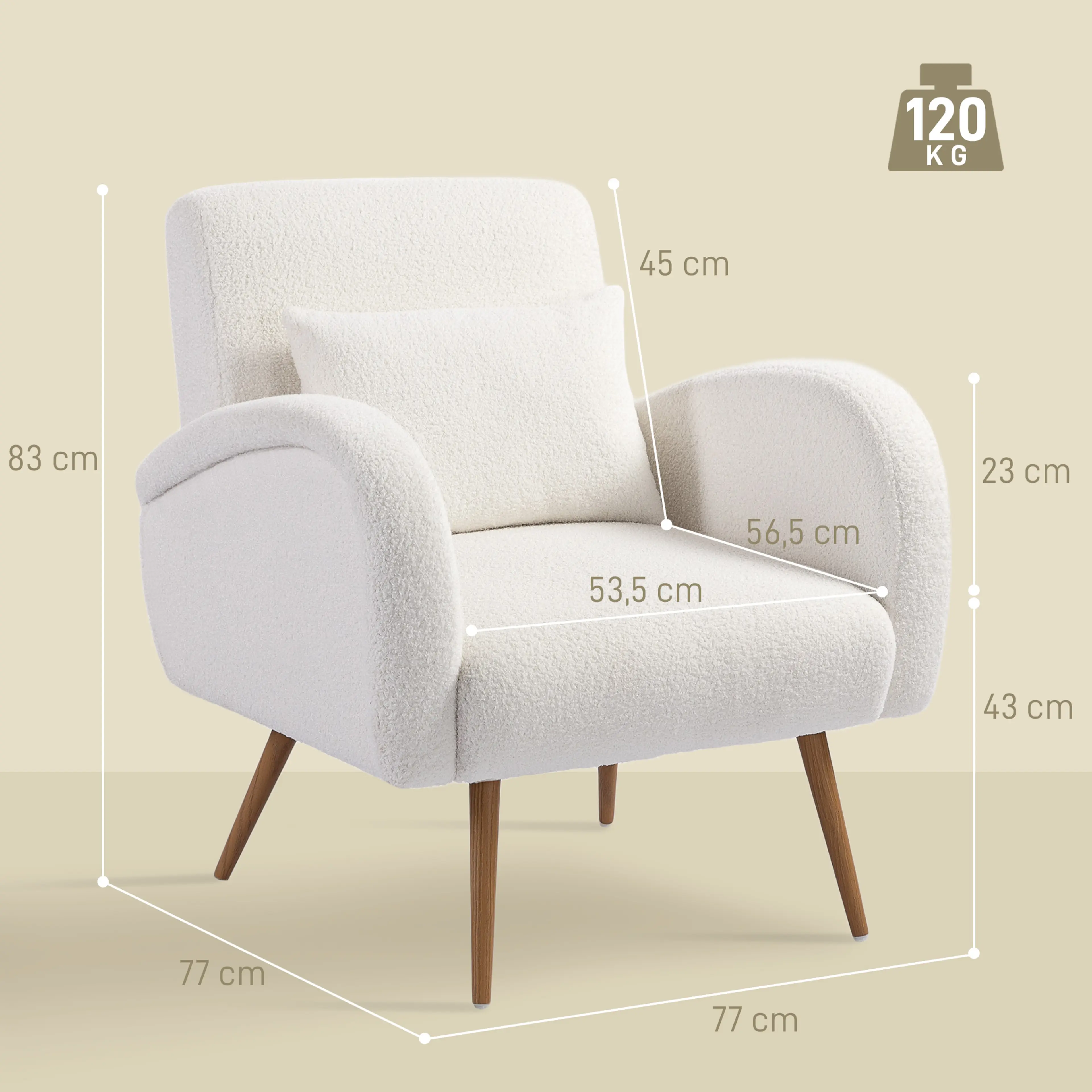 Måttskiss över fåtöljen: 77 × 77 cm golvyta, 83 cm höjd, 43 cm sitthöjd och 120 kg maxlast