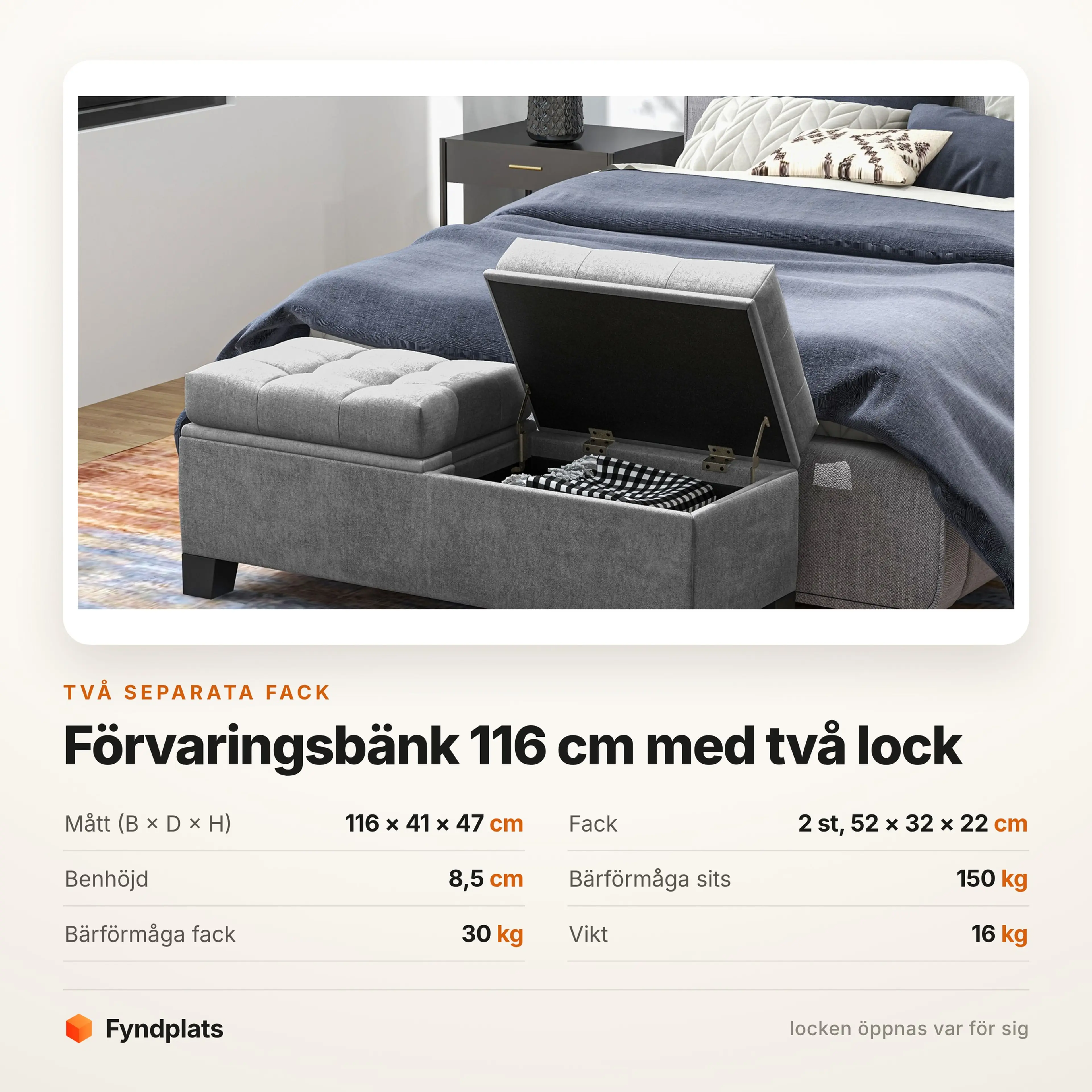 Förvaringsbänk 116 cm med två separata lock – bild 3