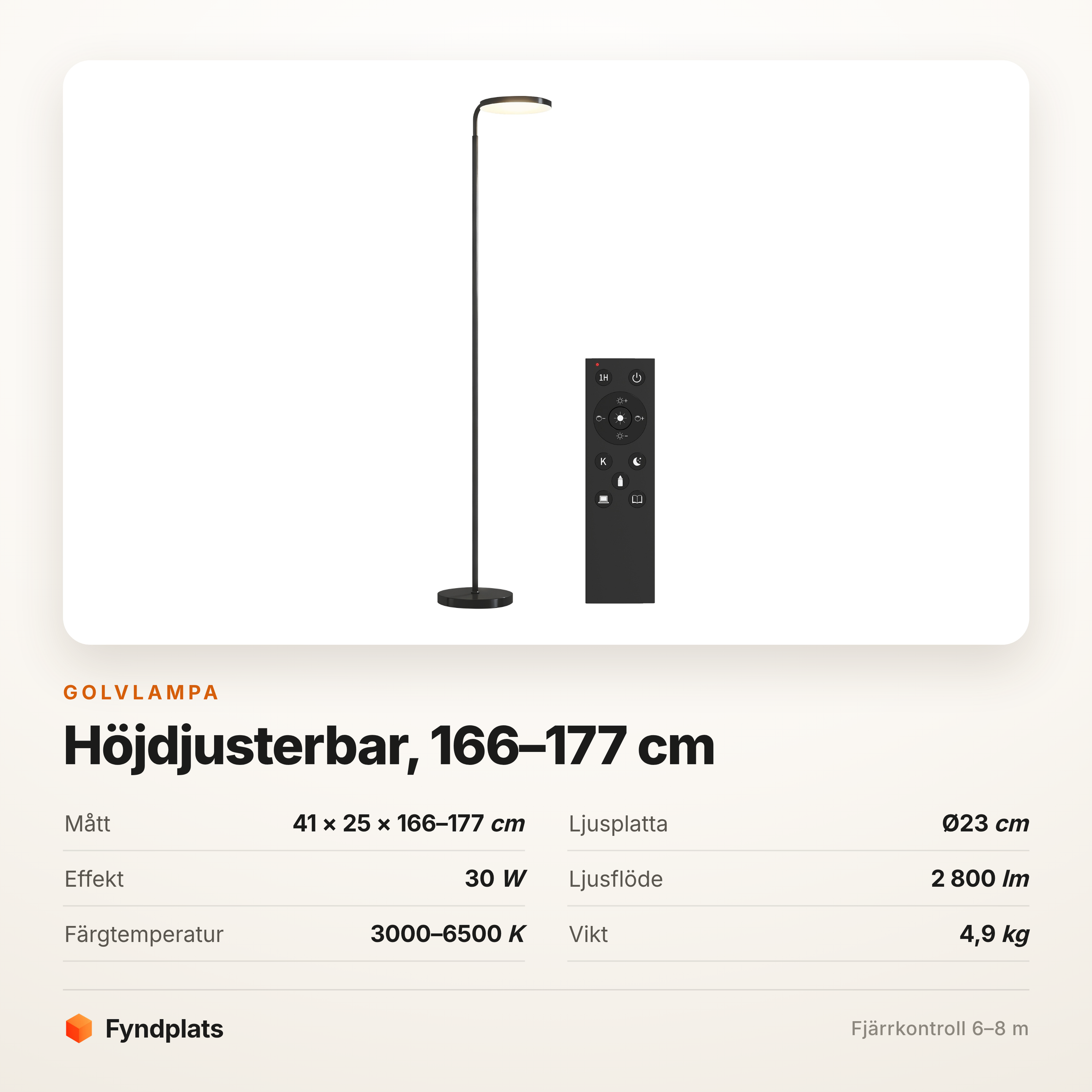 Golvlampa höjdjusterbar 166–177 cm – 350° vridbart huvud och fjärrkontroll – bild 5