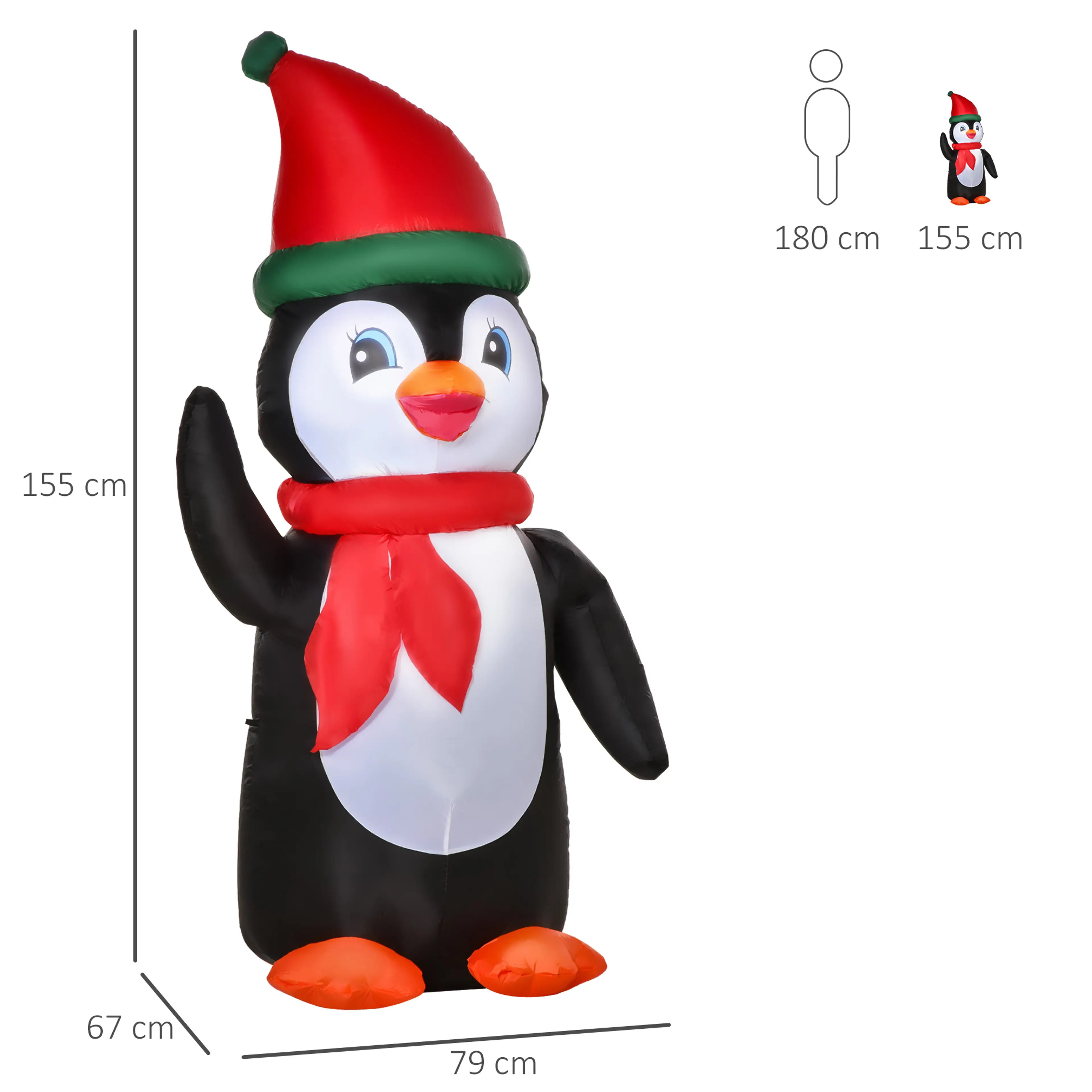 Måttbild: pingvinen är 155 cm hög, 79 cm bred och 67 cm djup