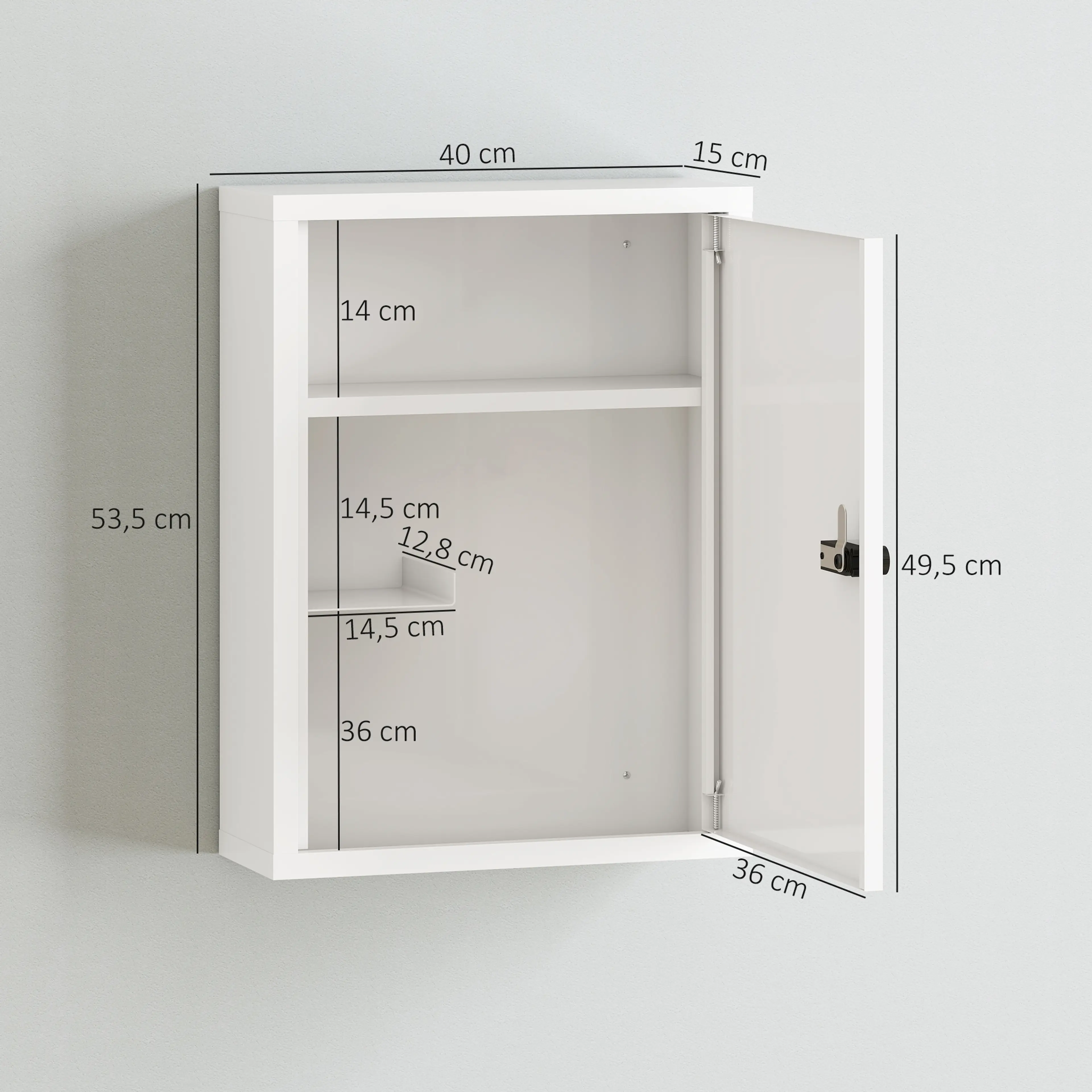Måttskiss: skåpet 40 × 15 × 53,5 cm, översta facket 14 cm och nedre delen 36 cm hög