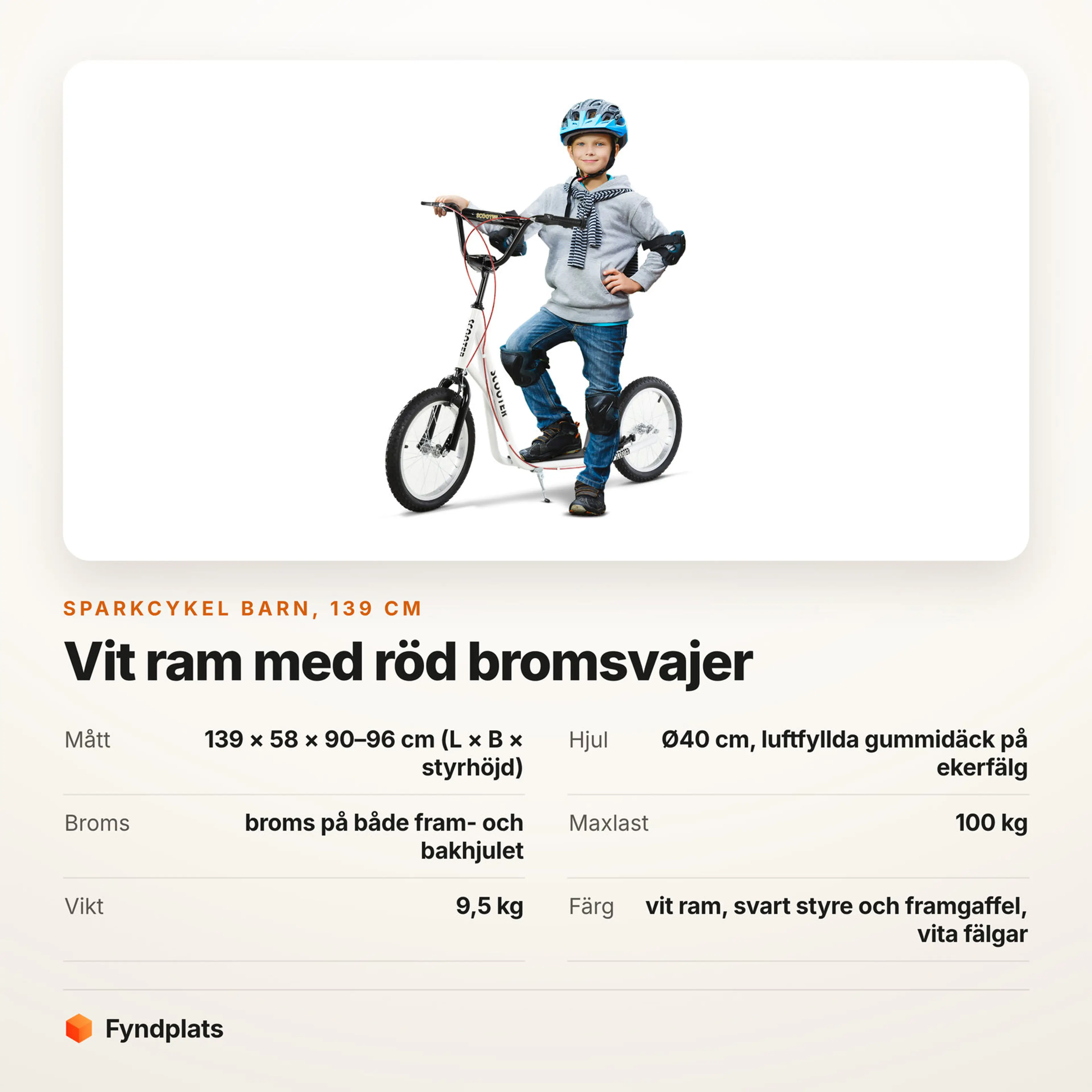 Faktakort: sparkcykel barn 139 cm, vit ram med röd bromsvajer