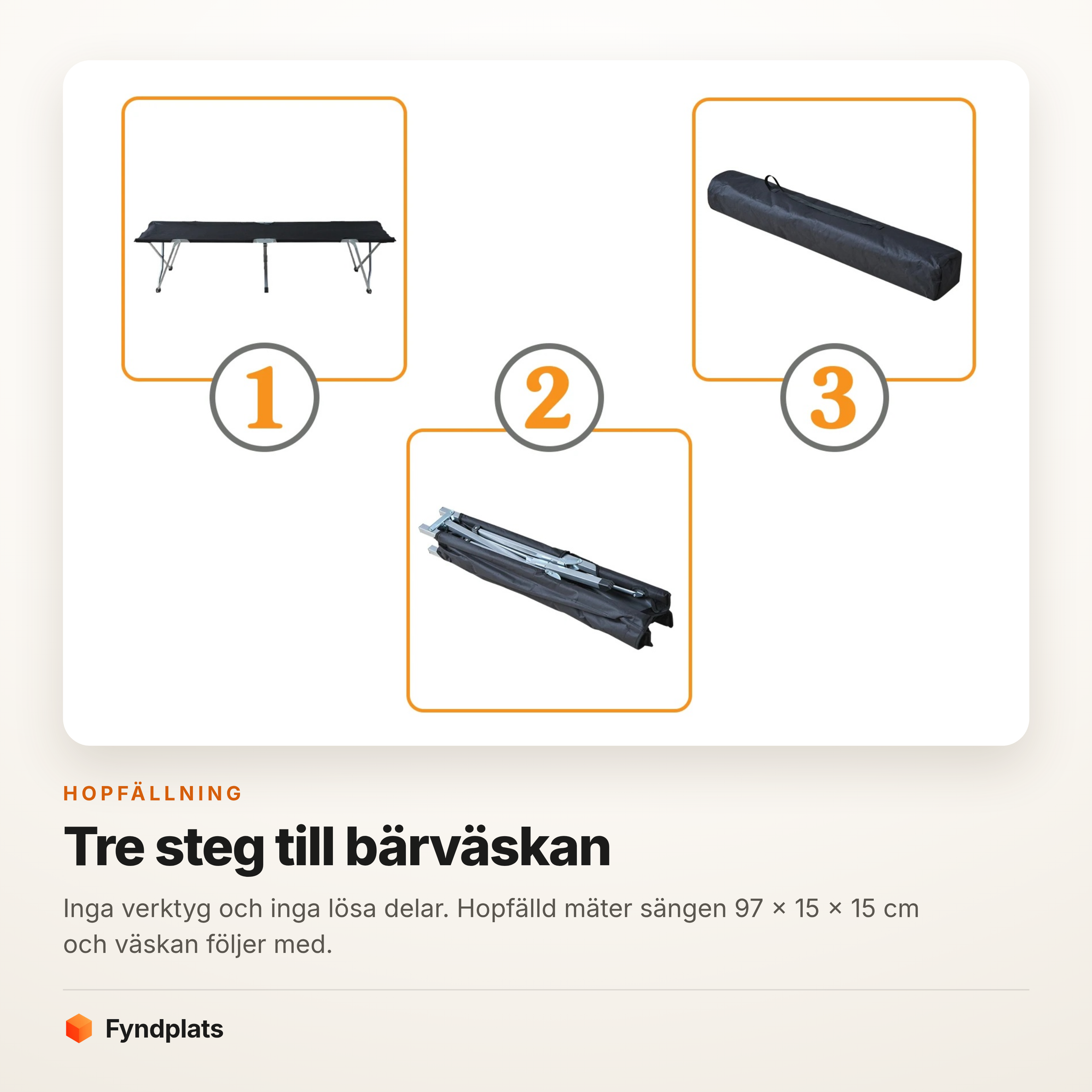 Kort: sängen fälls ihop i tre steg och läggs i bärväskan