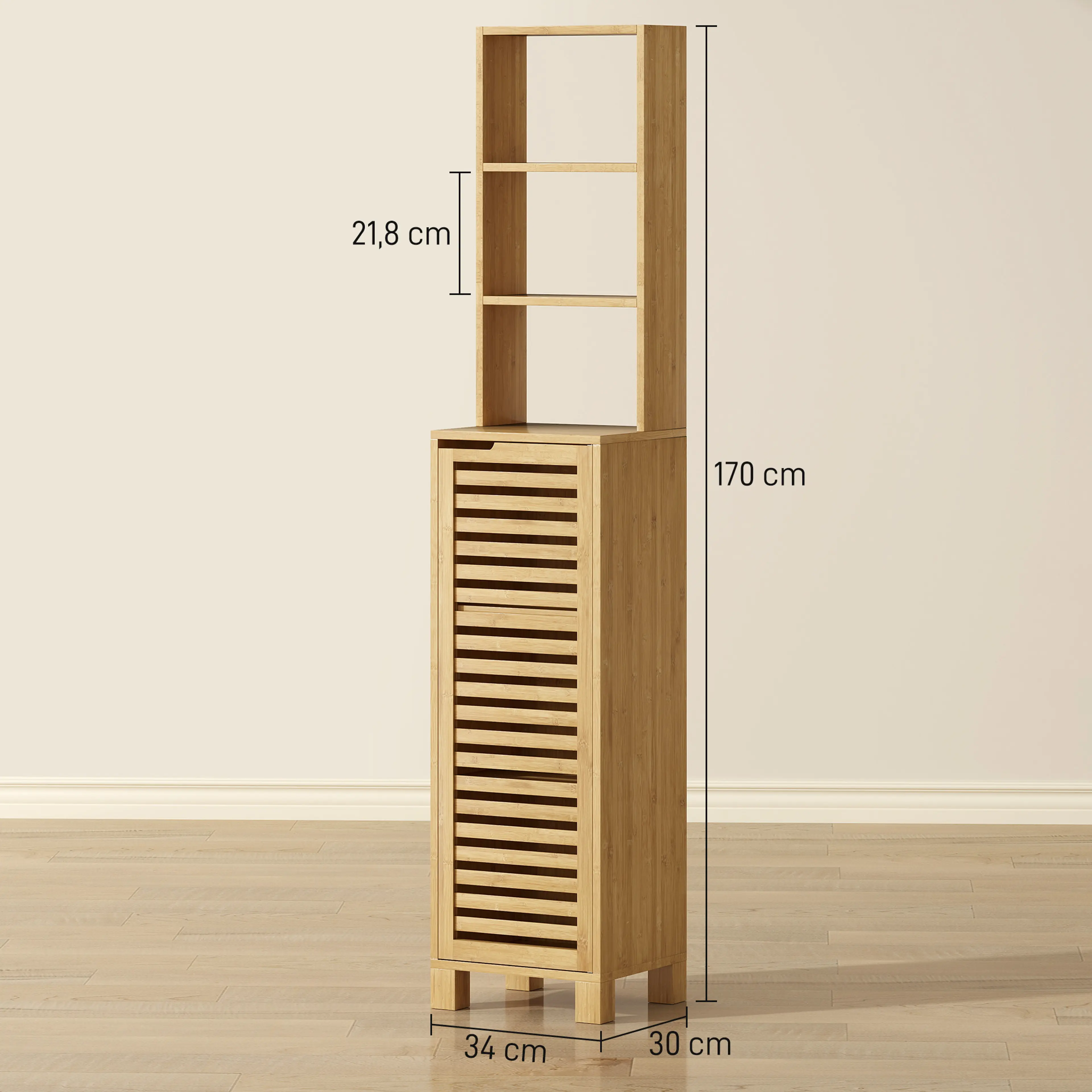 Måttbild: högskåpet 34 cm brett, 30 cm djupt och 170 cm högt, med öppna hyllor på 21,8 cm