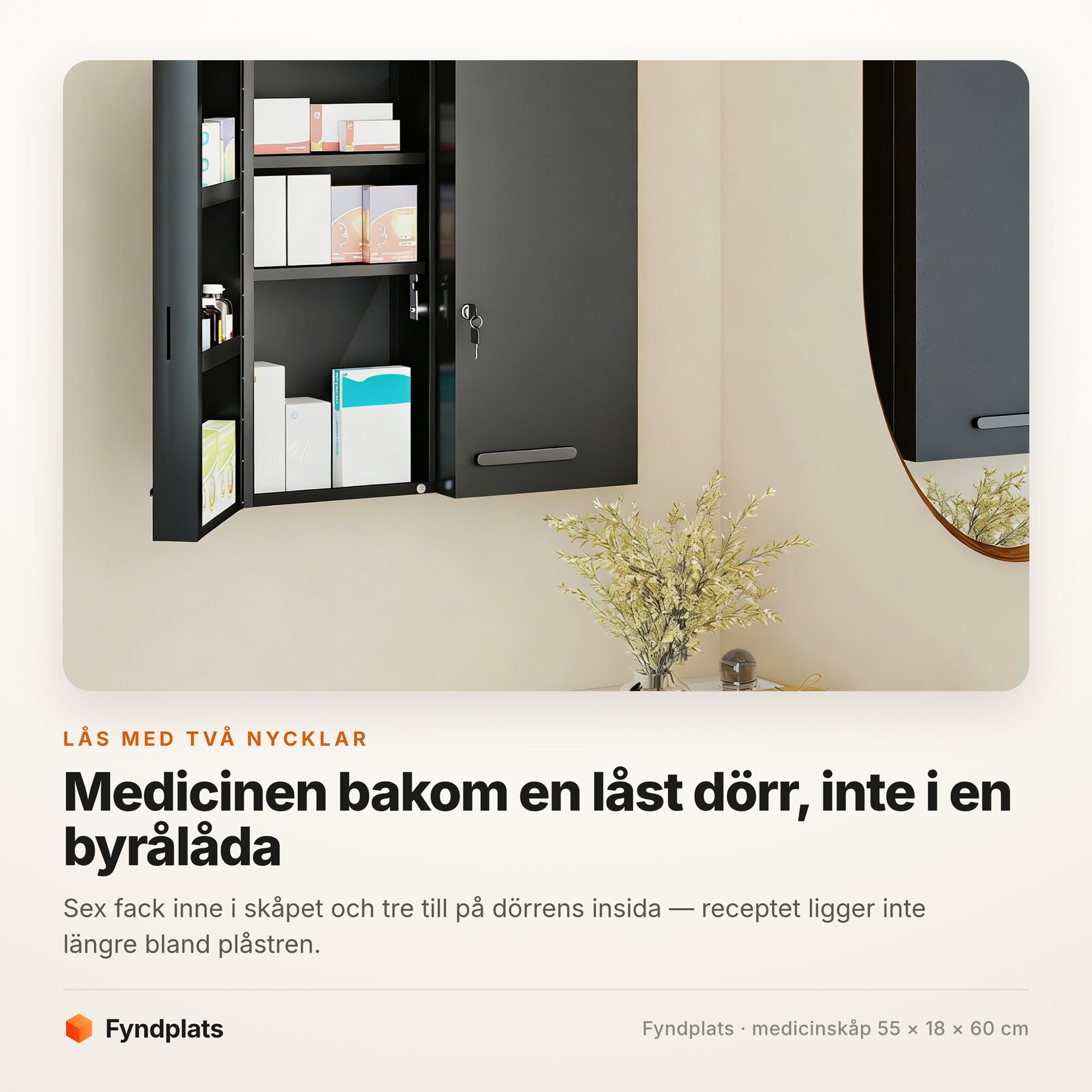 Medicinskåp 55 cm med lås – svart stål, nio fack – bild 2