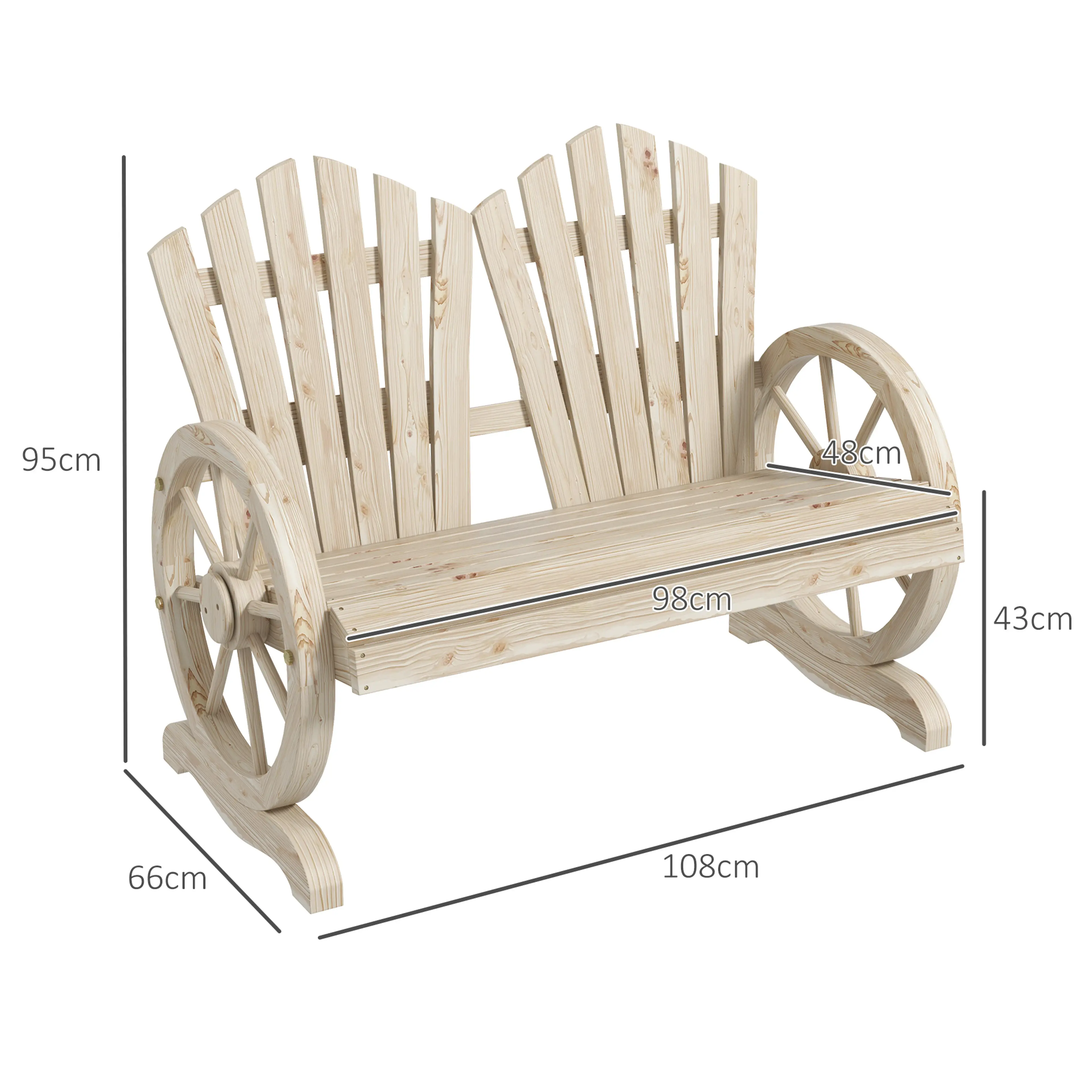 Måttskiss: 108 cm lång, 66 cm djup, 95 cm hög, sittyta 98 × 48 cm och sitthöjd 43 cm