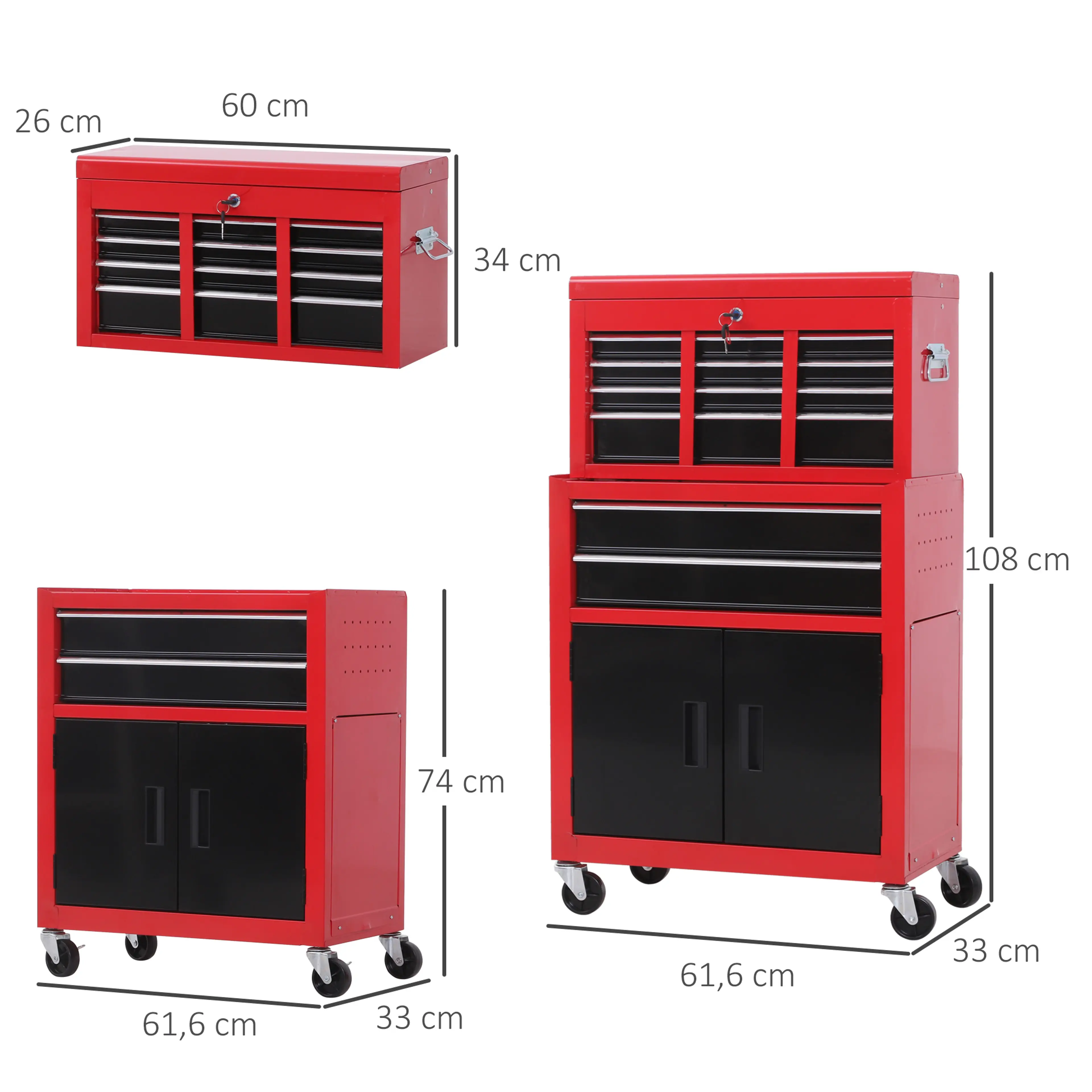 Måttskiss där överskåpet 60 × 26 × 34 cm står bredvid underdelen 61,6 × 33 × 74 cm
