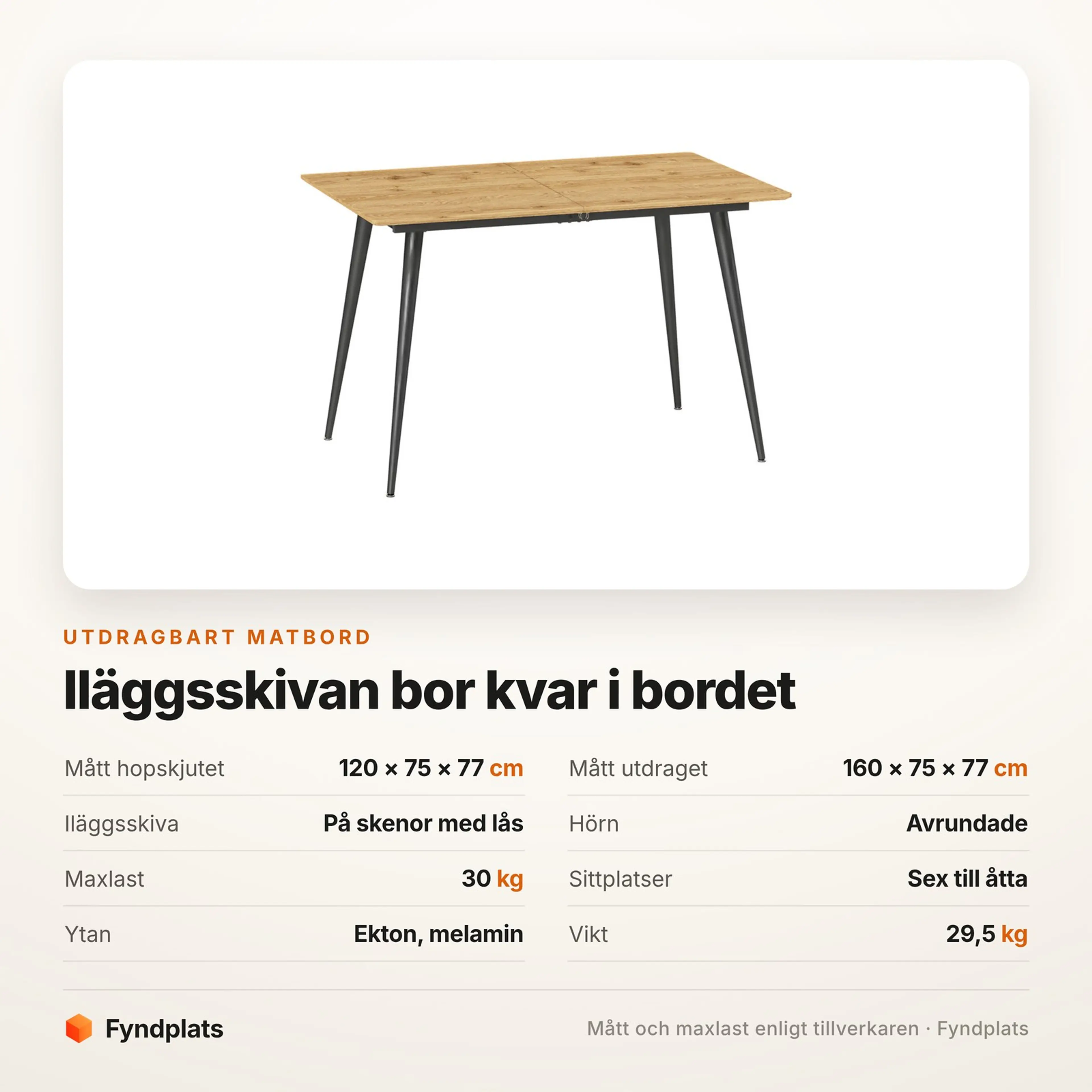 Spec-kort för matbordet: 120 till 160 × 75 cm, iläggsskiva på skenor och 30 kg maxlast