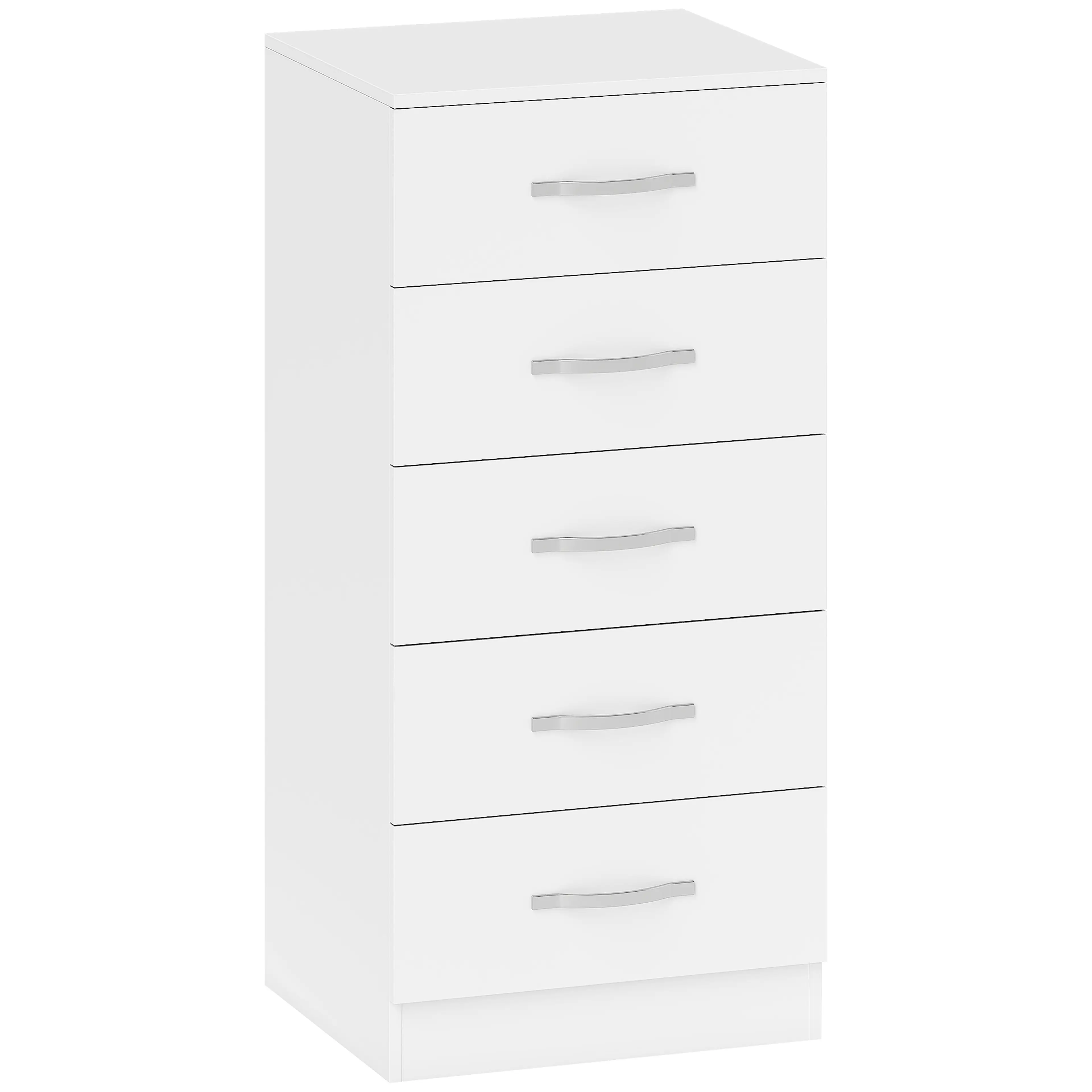 Smal byrå 40 cm i vitt med fem lådor och avlånga metallhandtag