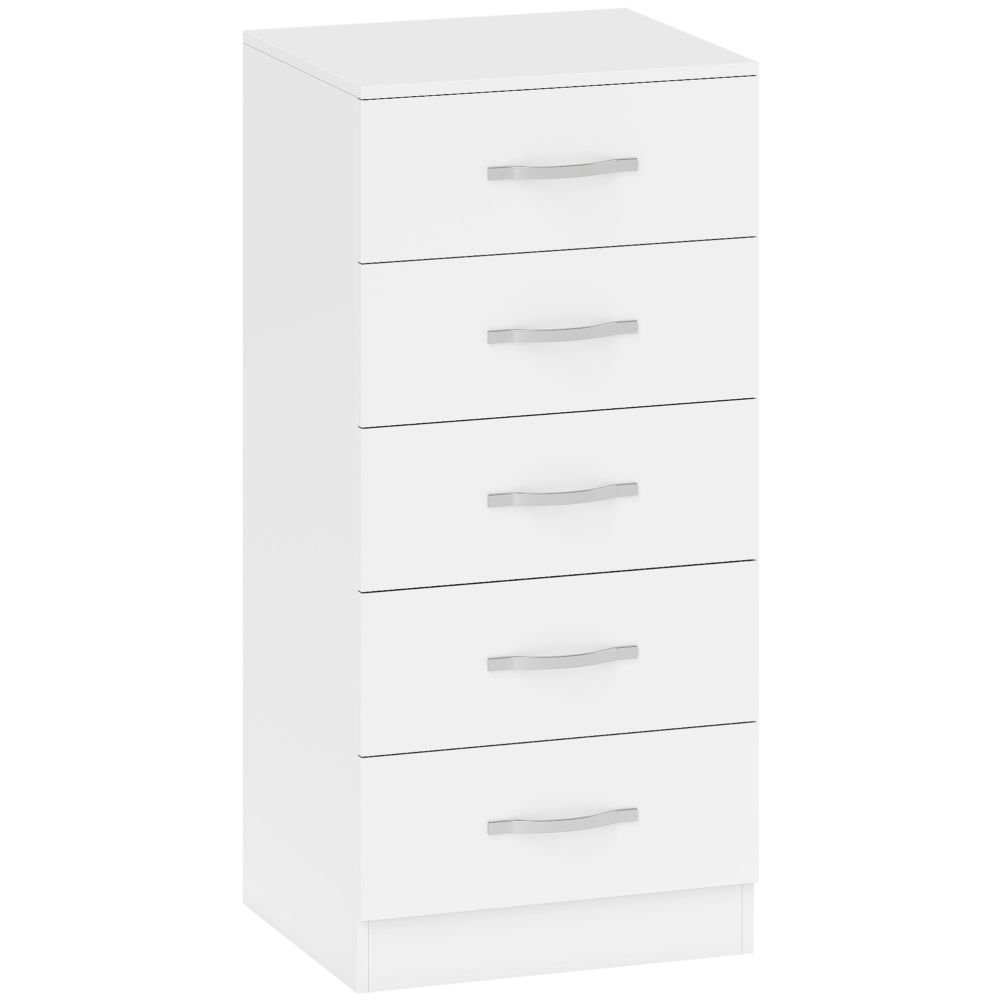 Smal byrå 40 cm i vitt med fem lådor och avlånga metallhandtag