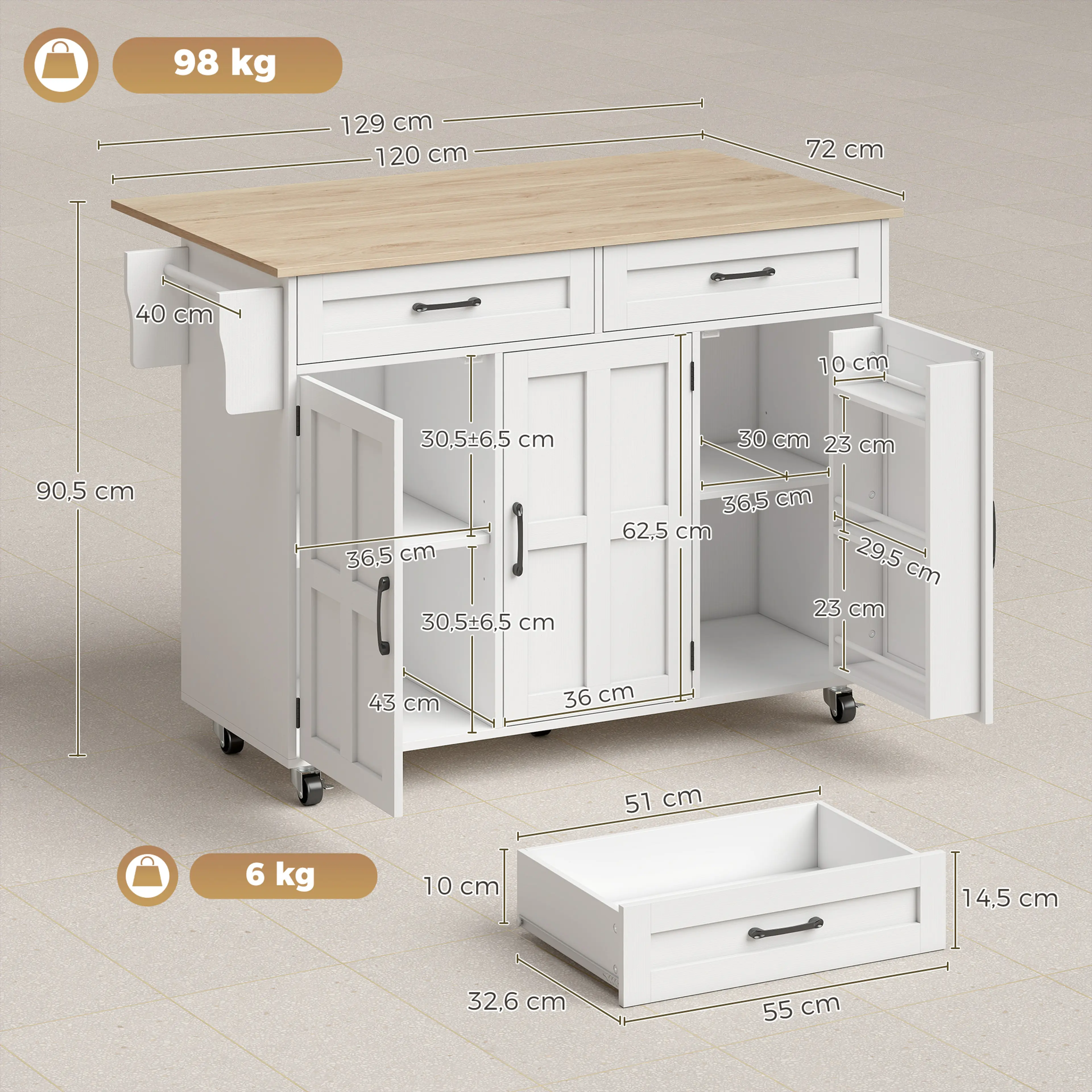 Måttskiss för köksön: 129 × 72 × 90,5 cm och maxbelastning 98 kg