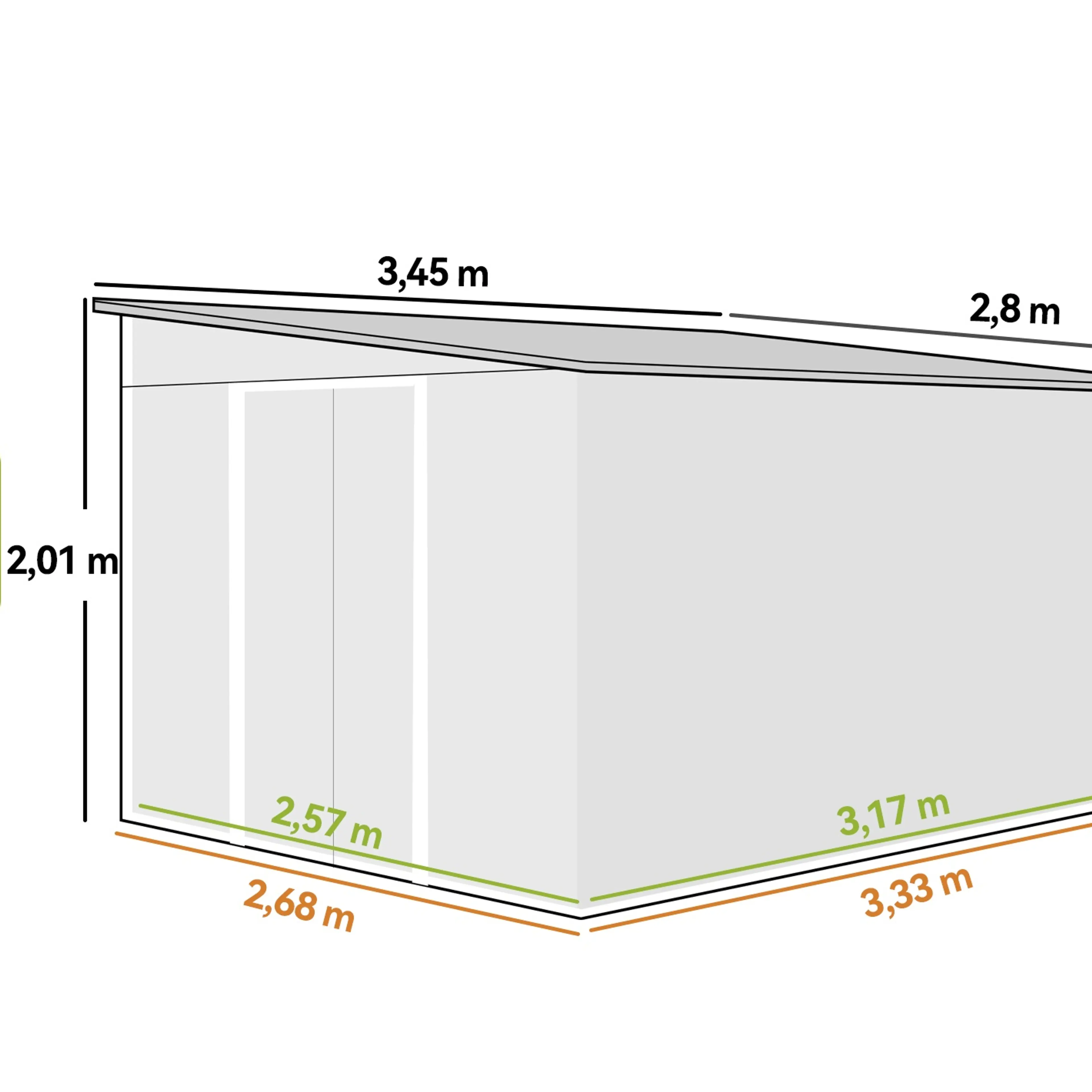 Måttritning: 3,45 × 2,8 m utvändigt, 2,01 m fram och 1,69 m bak