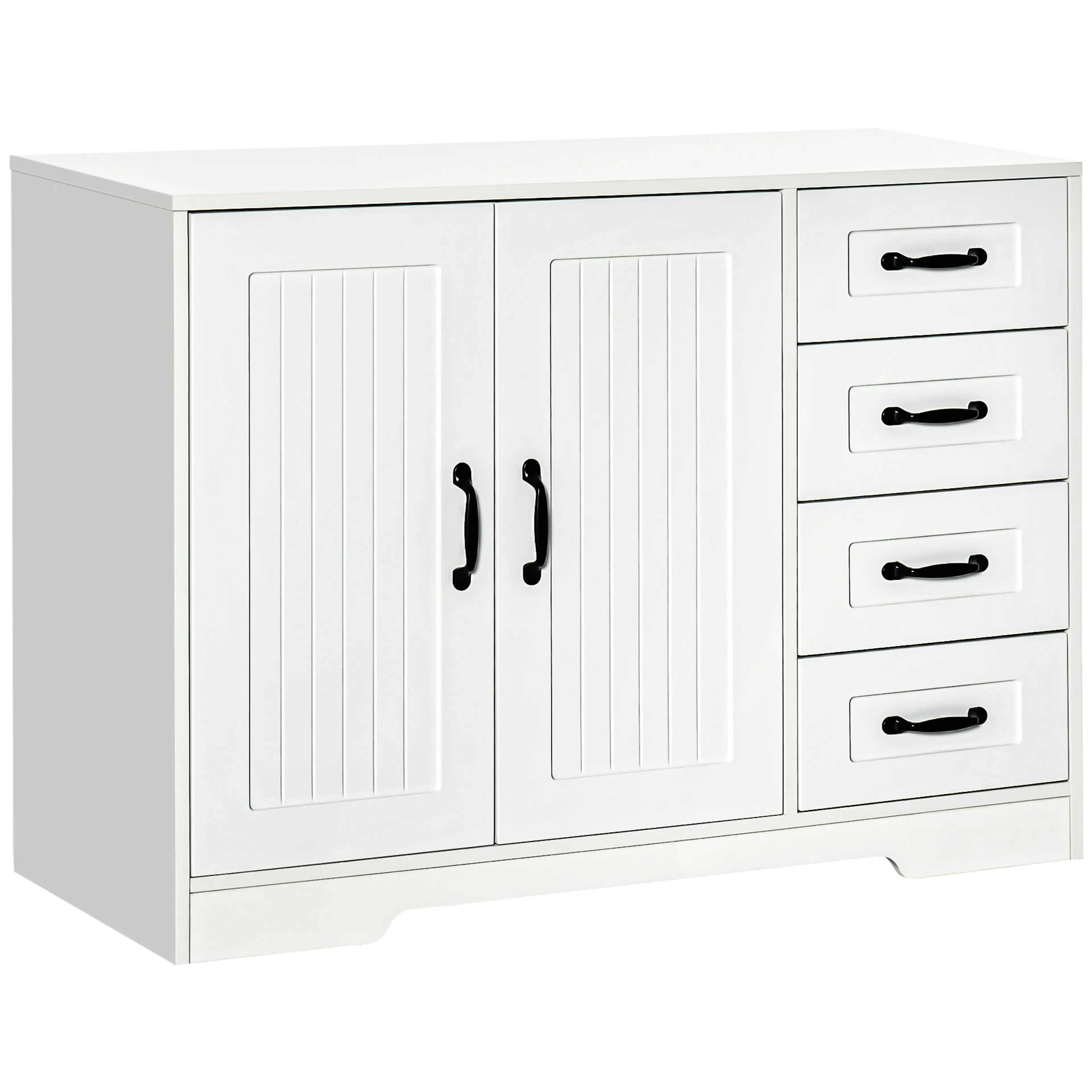 Vit sideboard med två spårade dörrar, fyra lådor och svarta bågformade handtag