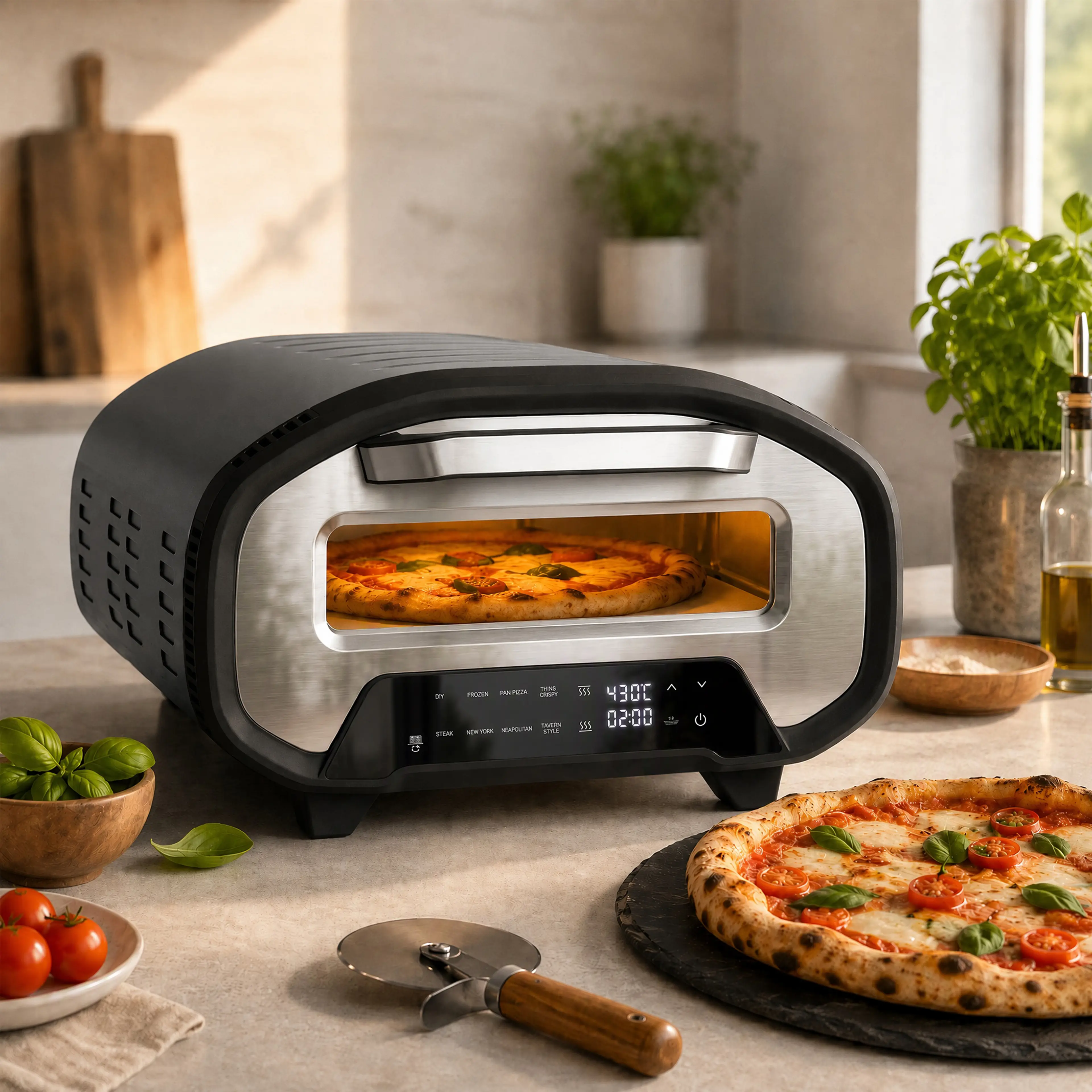 Pizza som gräddas inne i ugnen, med tomater, basilika och en pizzaskärare på bänken.