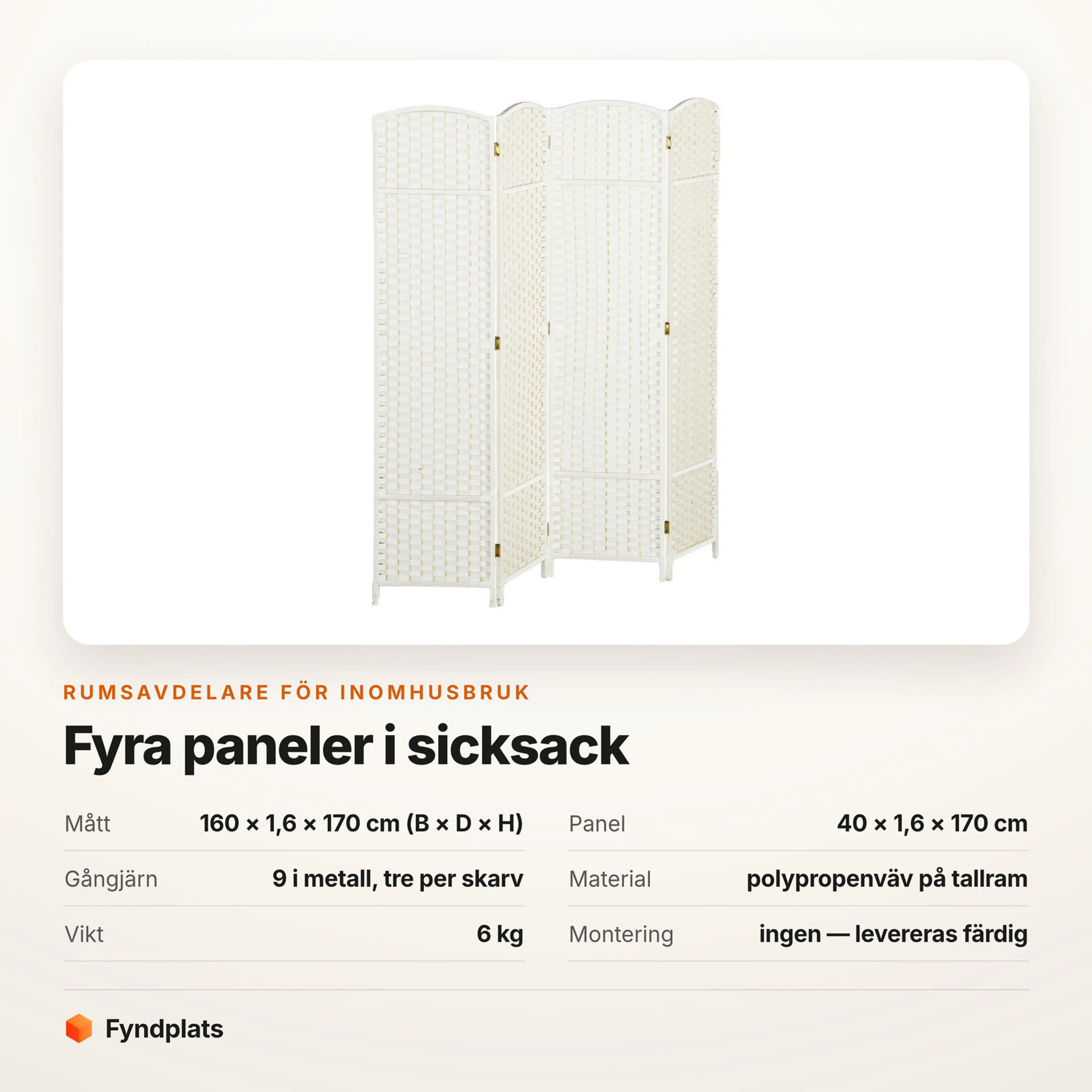 Faktakort: mått 160 × 1,6 × 170 cm (B × D × H), panel 40 × 1,6 × 170 cm, gångjärn 9 i metall, tre per skarv.