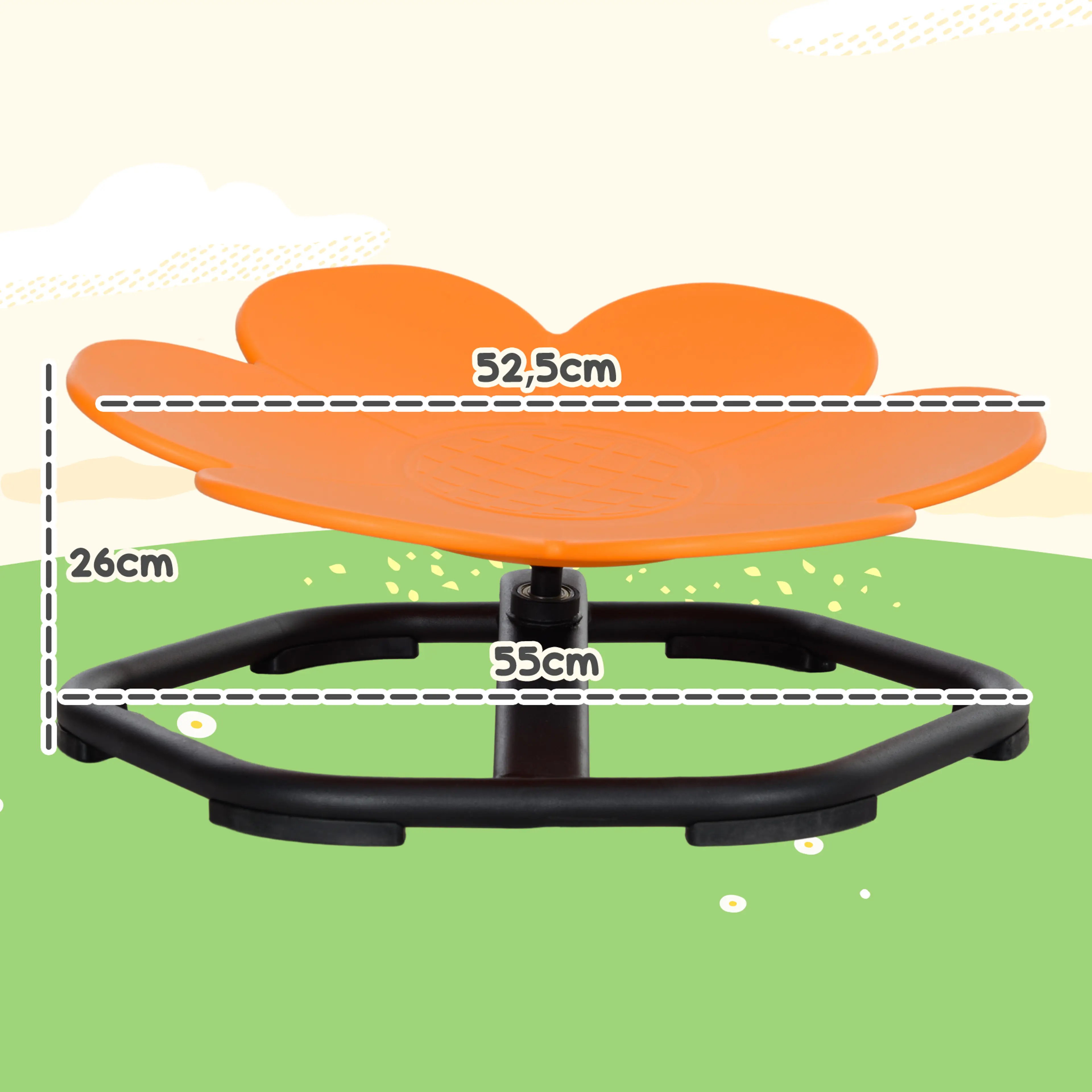 Måttbild: sitsen är 52,5 cm bred, stolen 26 cm hög och foten 55 cm bred