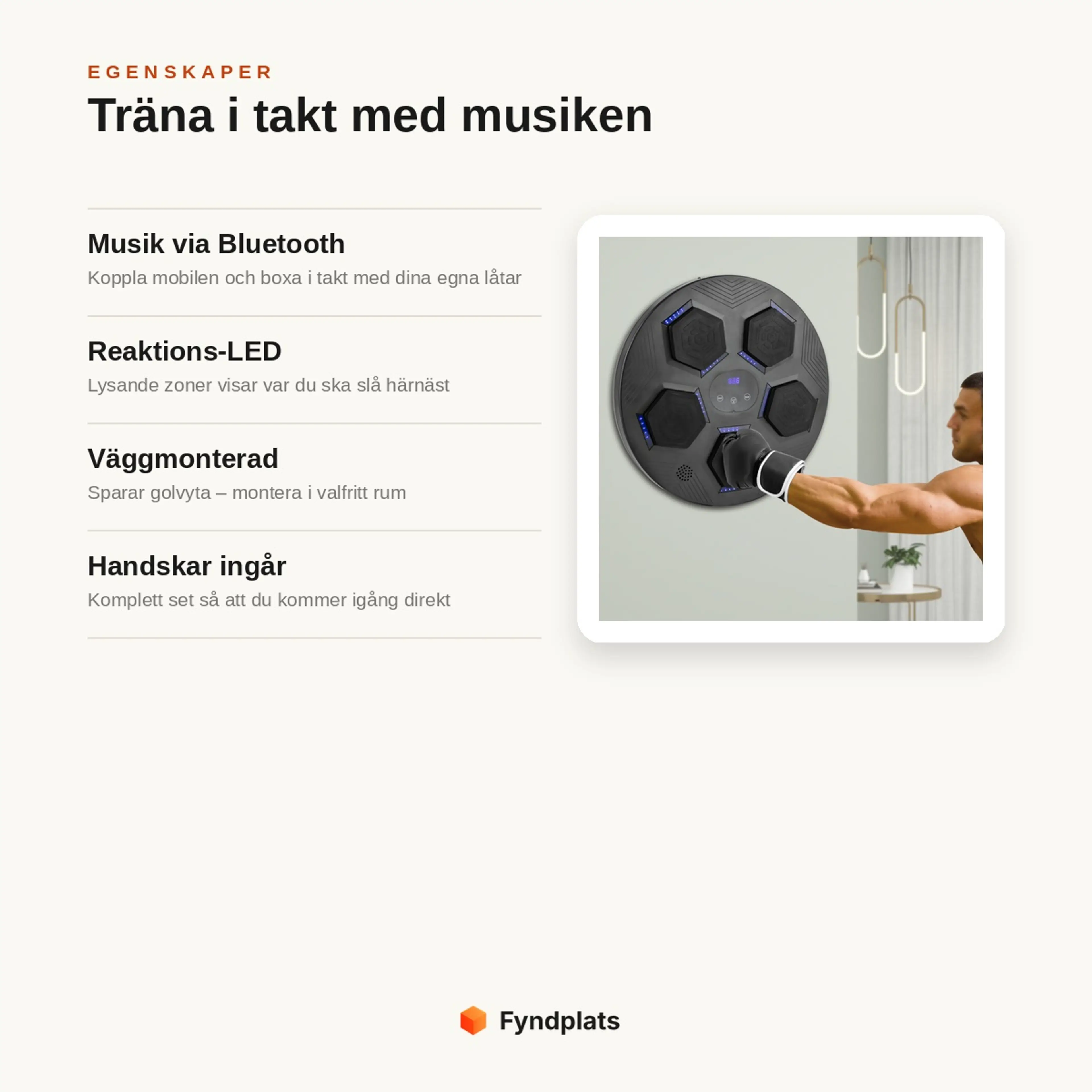 Egenskaper: musik via Bluetooth, reaktions-LED, väggmonterad och boxningshandskar ingår