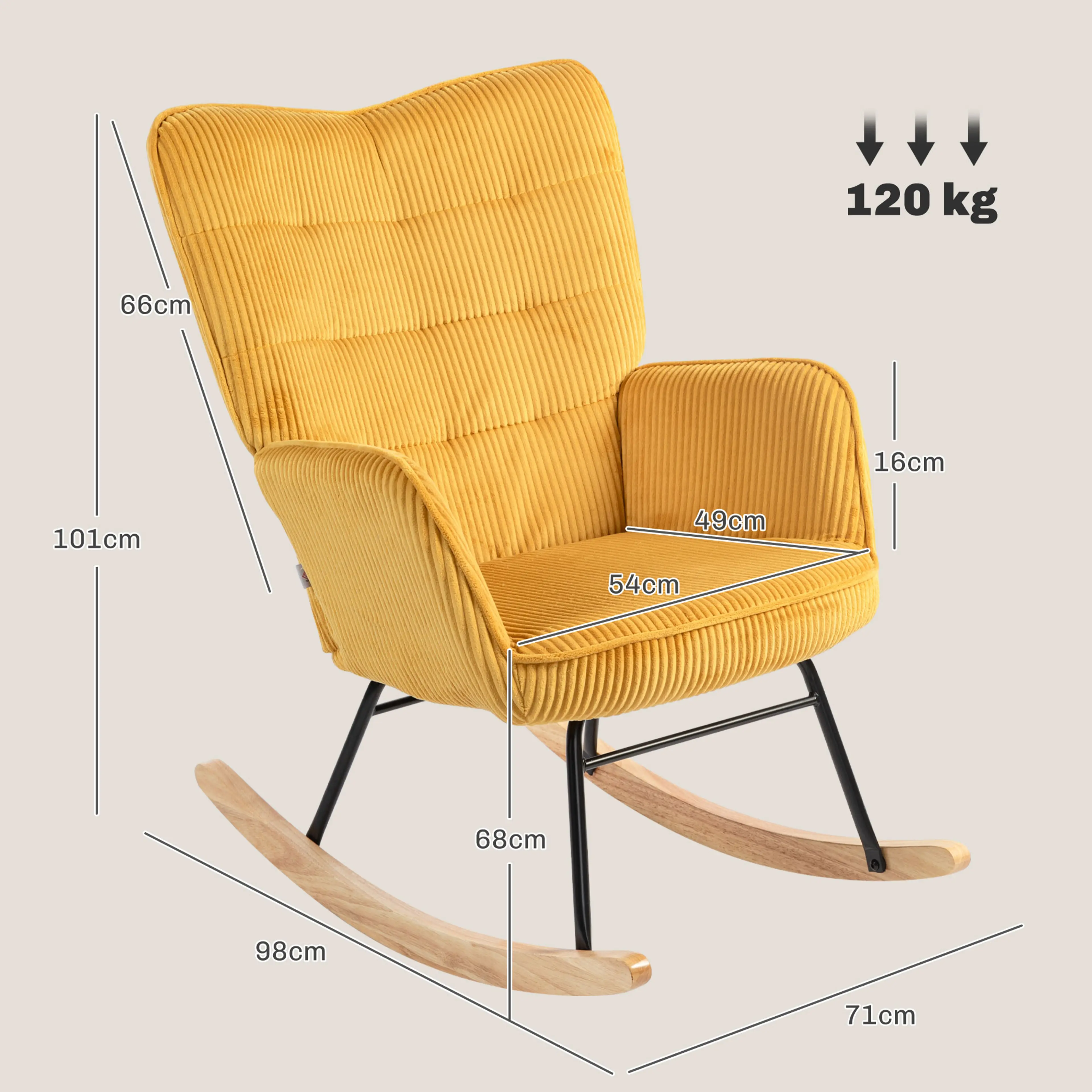 Måttskiss: 98 × 71 cm golvyta, 101 cm höjd och 120 kg maxlast